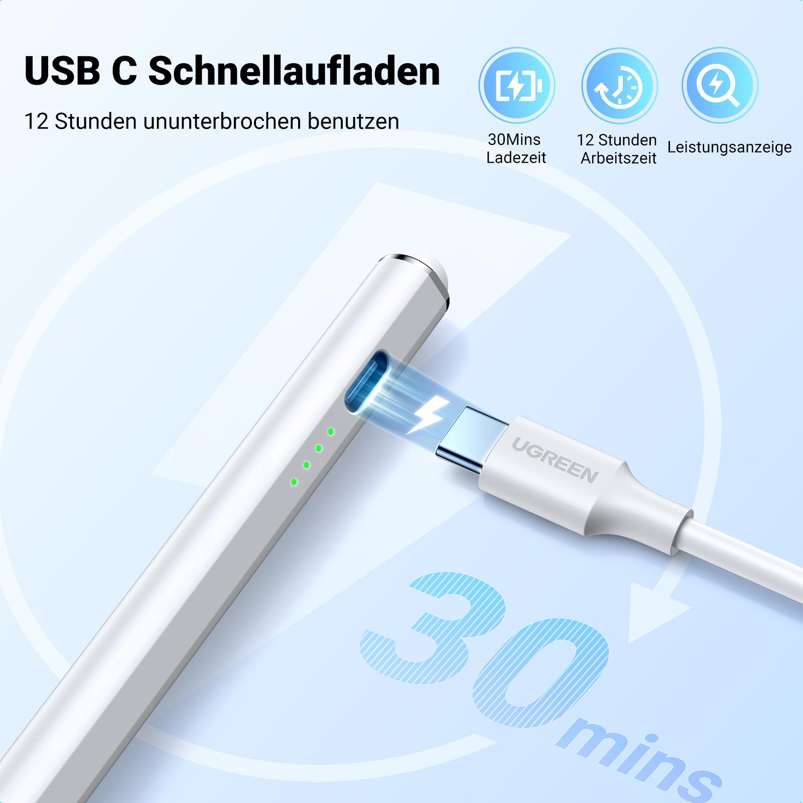 Ein weißer Stift, der mit blauem Licht und einem USB-Kabel geladen wird.