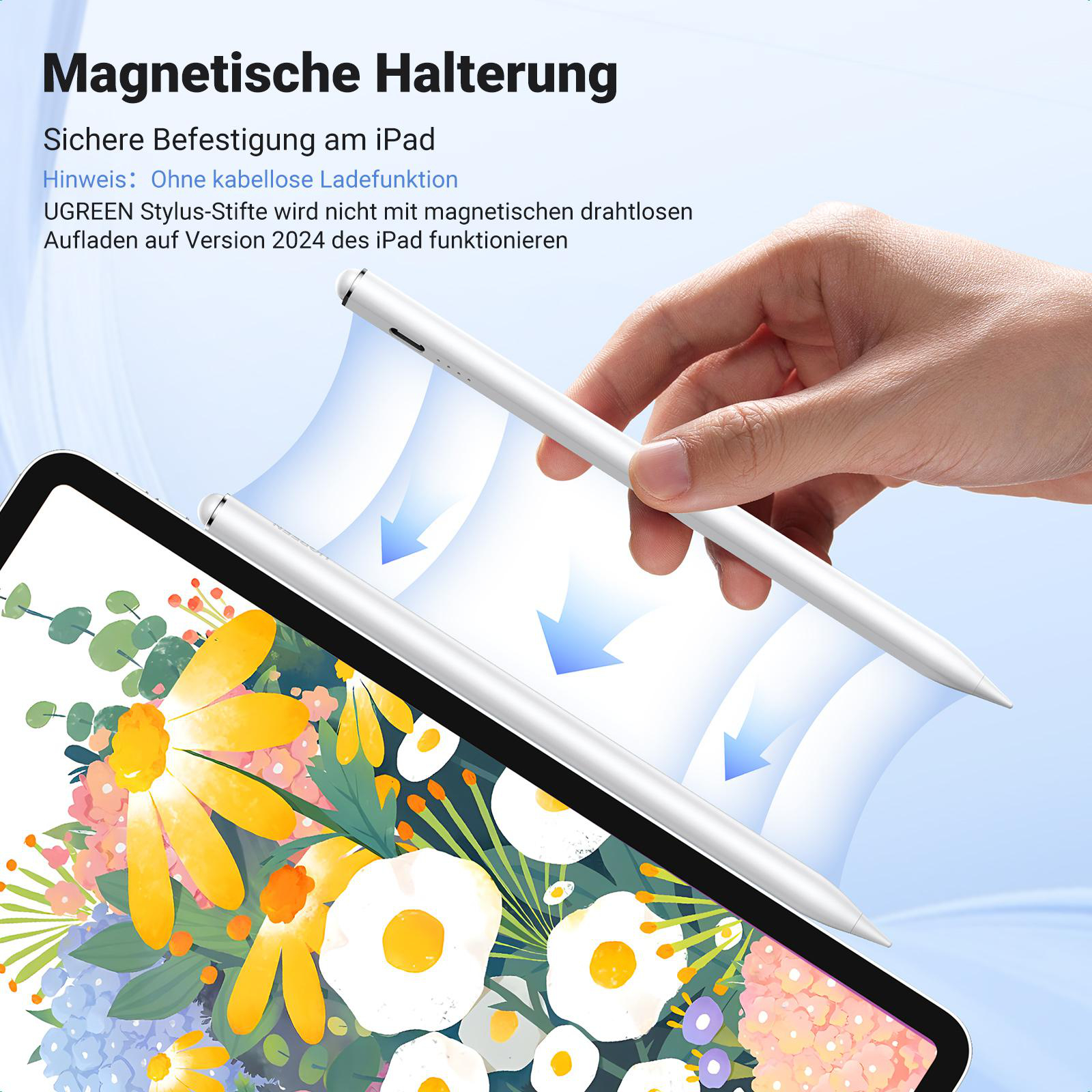 iPad mit zwei weißen Stiften und einem floralen Hintergrund.
