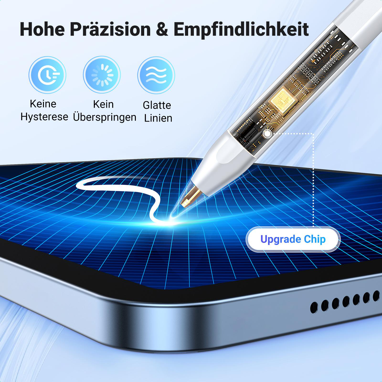 Stift auf einem Tablet, Text über Präzision und glatte Linien.