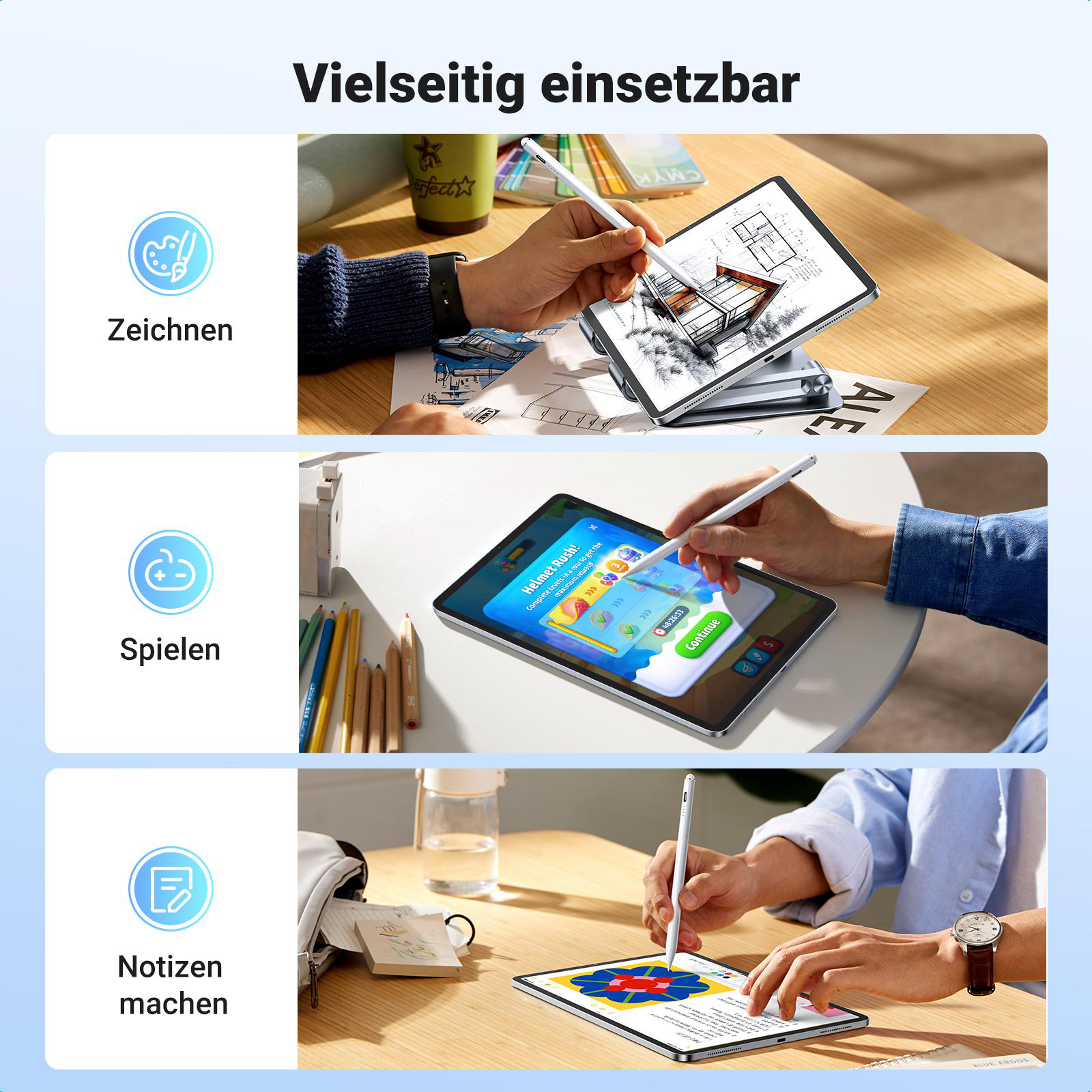 Drei Bilder von Personen, die einen Stift auf iPads verwenden. Die Bilder zeigen Zeichnen, Spielen und Notizen machen.