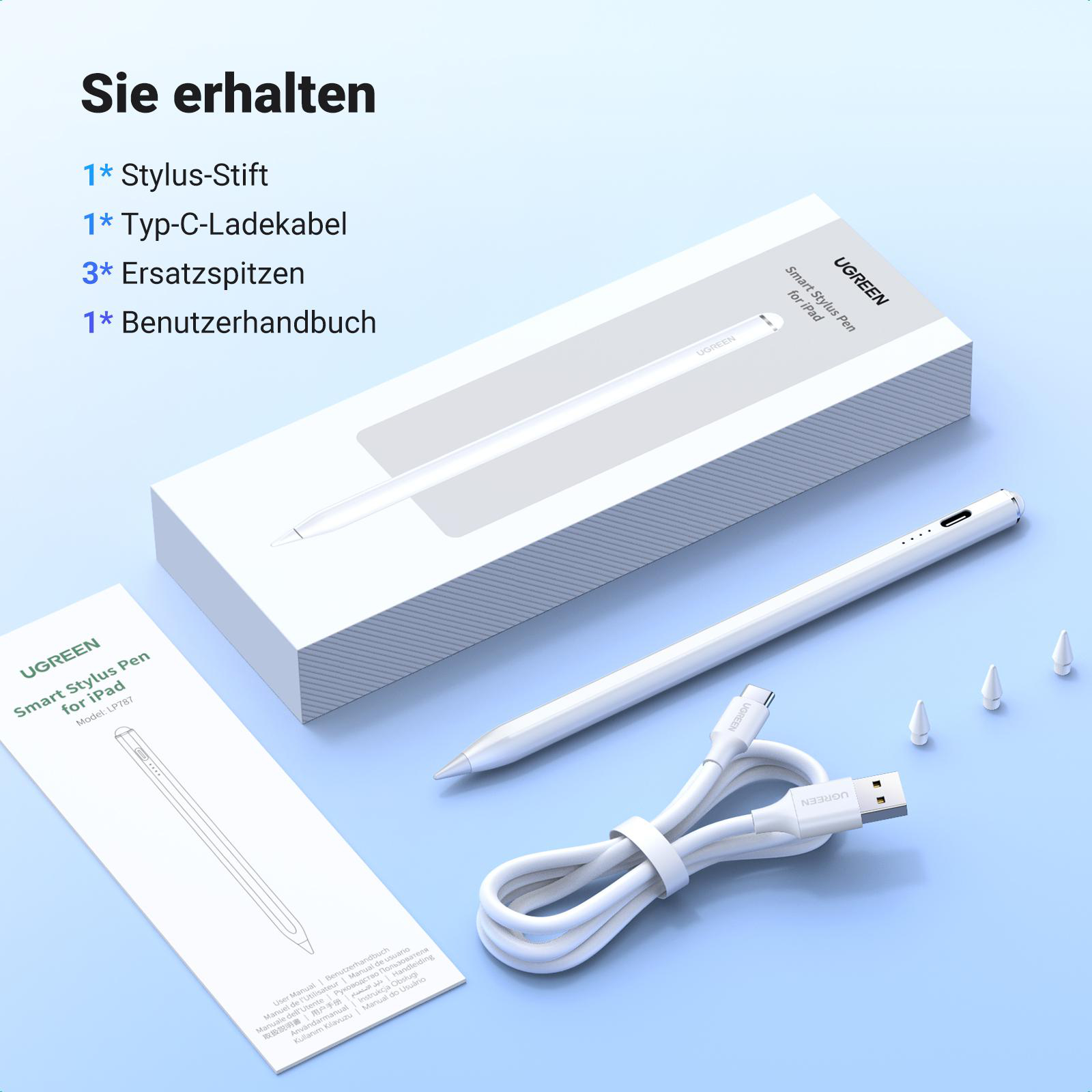 Eine geöffnete Box mit einem Stift, Ladekabel, zusätzlichen Spitzen und einer Bedienungsanleitung.