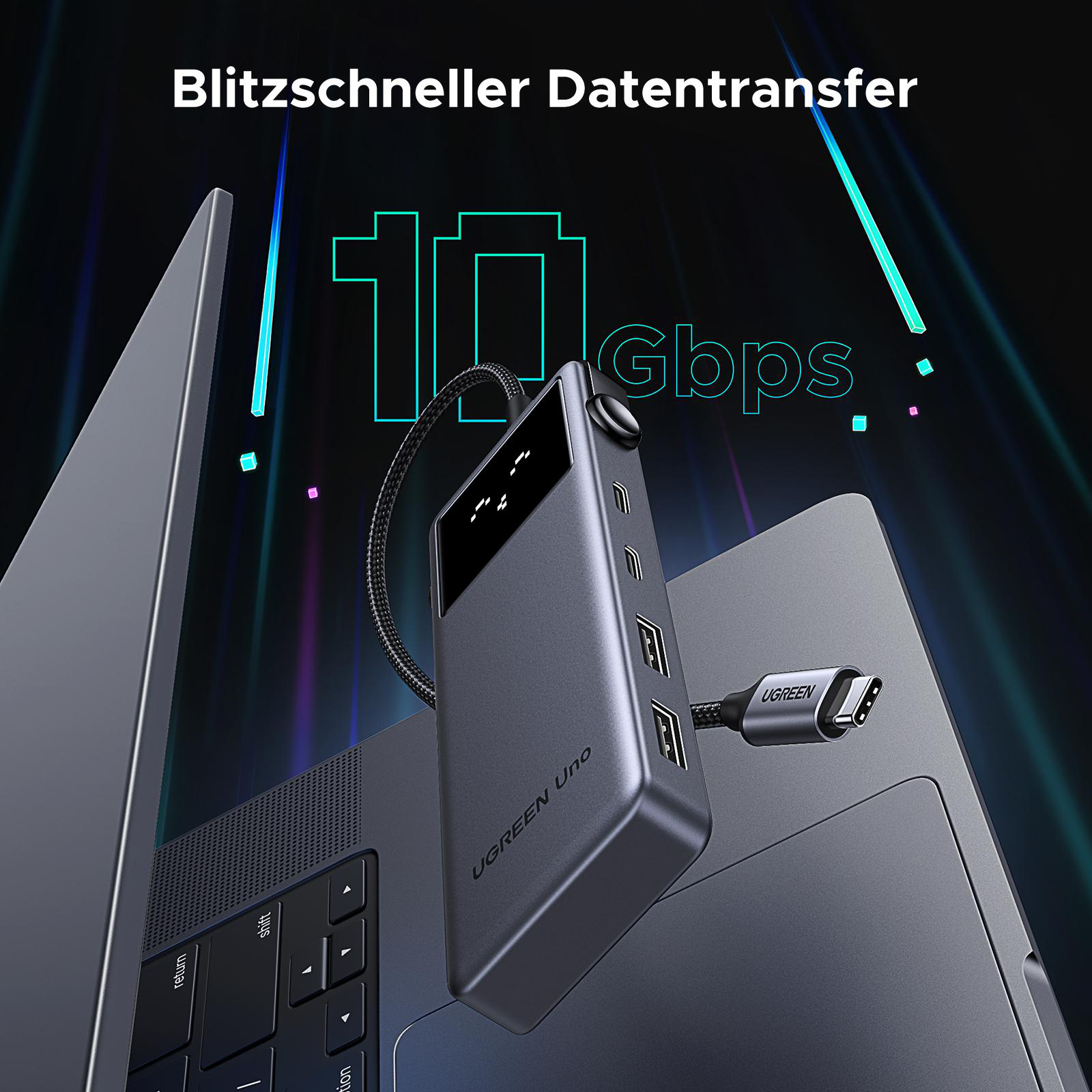 Ein schwarzer USB-C-Hub, der mit einem Laptop verbunden ist und eine Datenübertragungsgeschwindigkeit von 10 Gbit/s anzeigt.