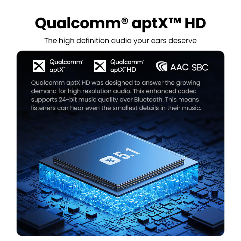 Nahaufnahme eines Computerchips mit Text über Qualcomm aptX HD Audioqualität über Bluetooth.