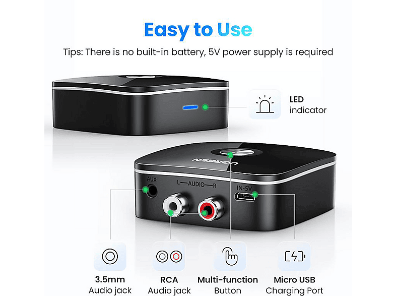 Thumbnail - UGREEN 5.1 mit 3.5mm und 2RCA Adapter Bluetooth Receiver Transmitter Black