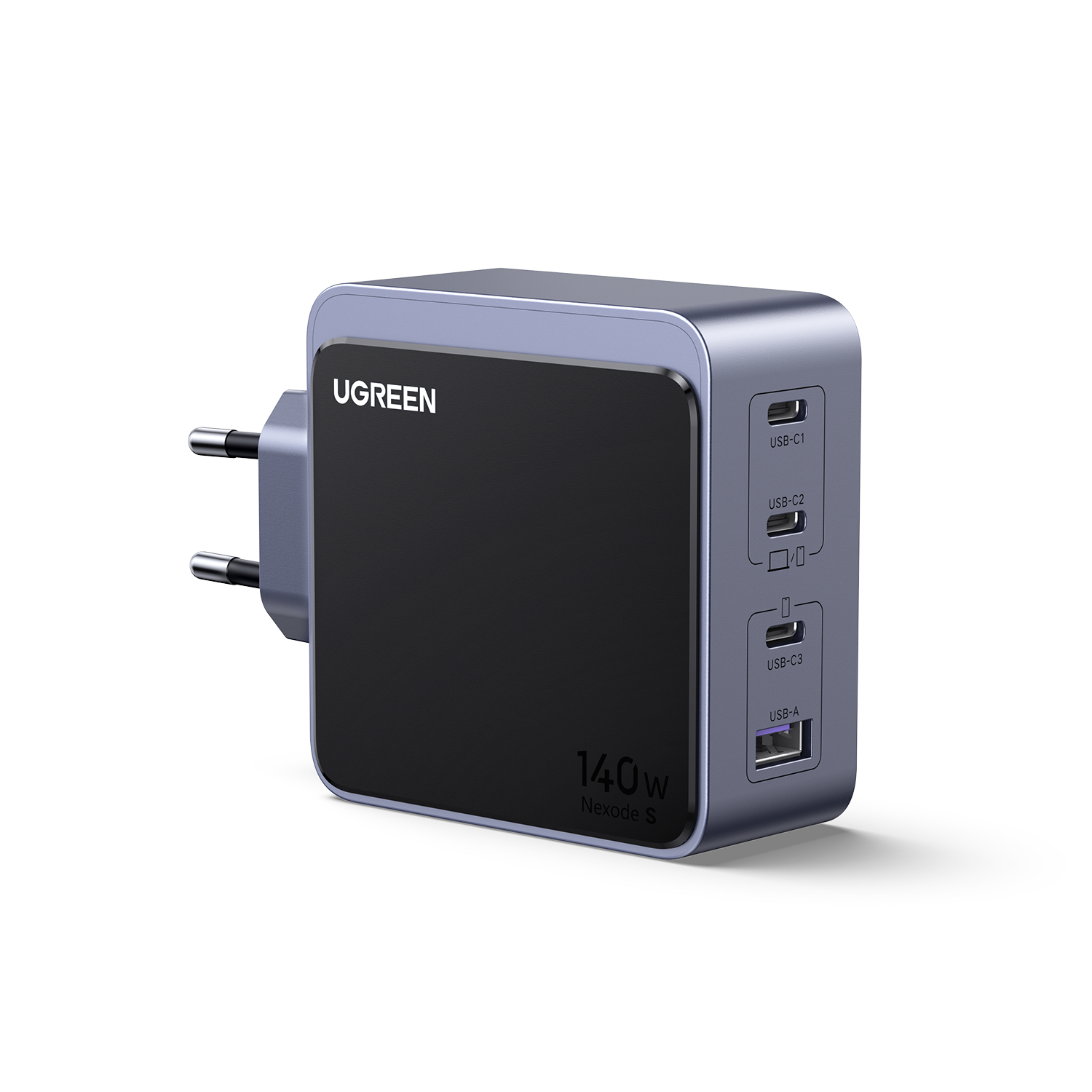 Ein schwarz-graues Ladegerät mit mehreren USB-Anschlüssen auf weißem Hintergrund.