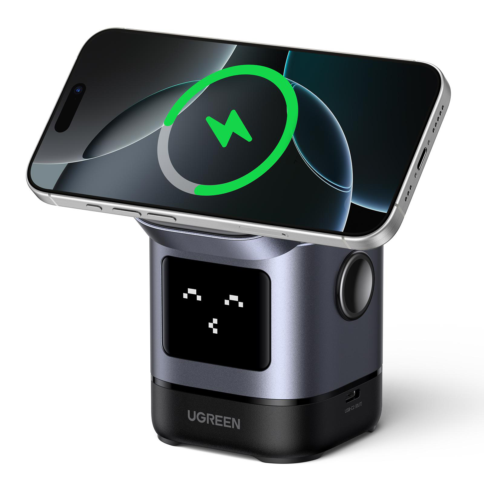 Ein schwarz-graues Ladegerät mit einem Telefon oben, das kabellos lädt, mit einem pixeligen Gesicht.