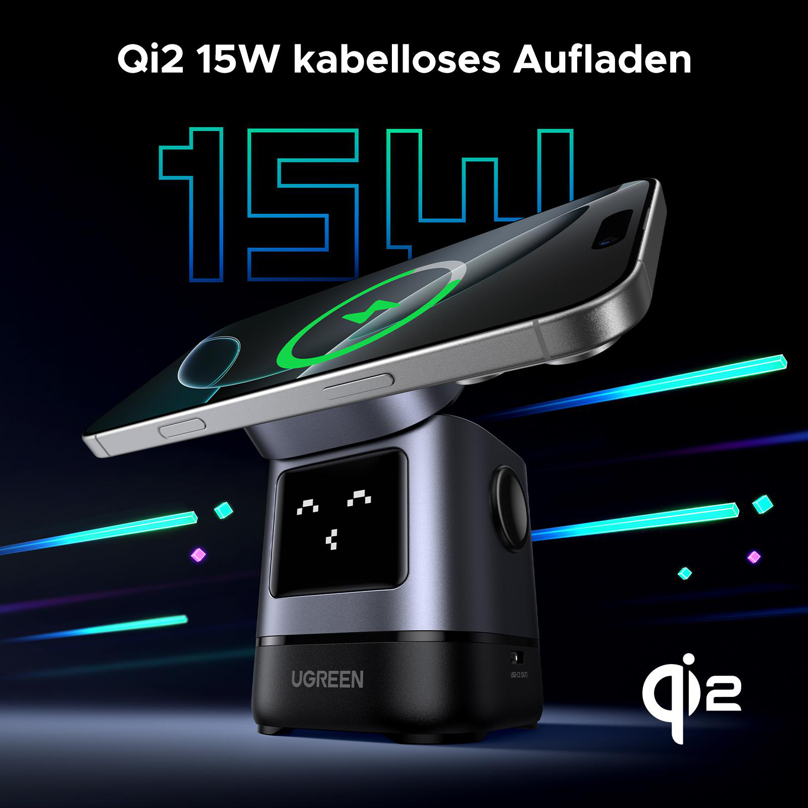 Ein schwarz-graues Ladegerät mit Telefon oben, das kabellos lädt, mit pixeligem Gesicht, blauer Hintergrund.