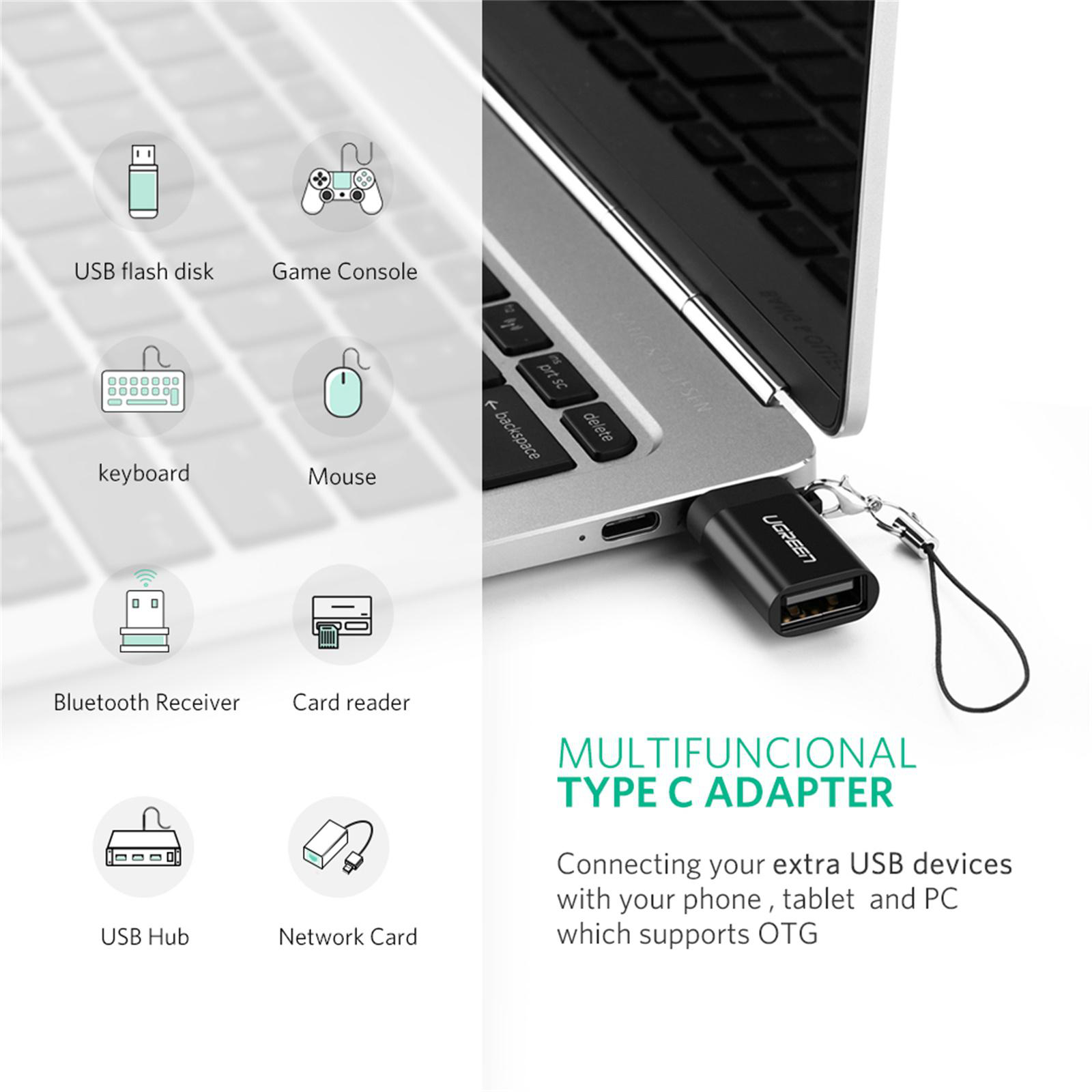 Ein Laptop mit USB-C-Adapter und Symbolen für verschiedene USB-Geräte.