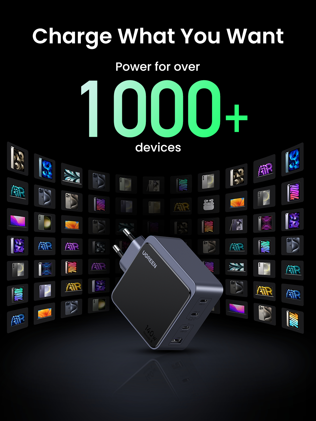 Schwarzes und graues Ladegerät mit mehreren Anschlüssen. Text sagt 'Charge What You Want' und 'Power for over 1000+ devices.'