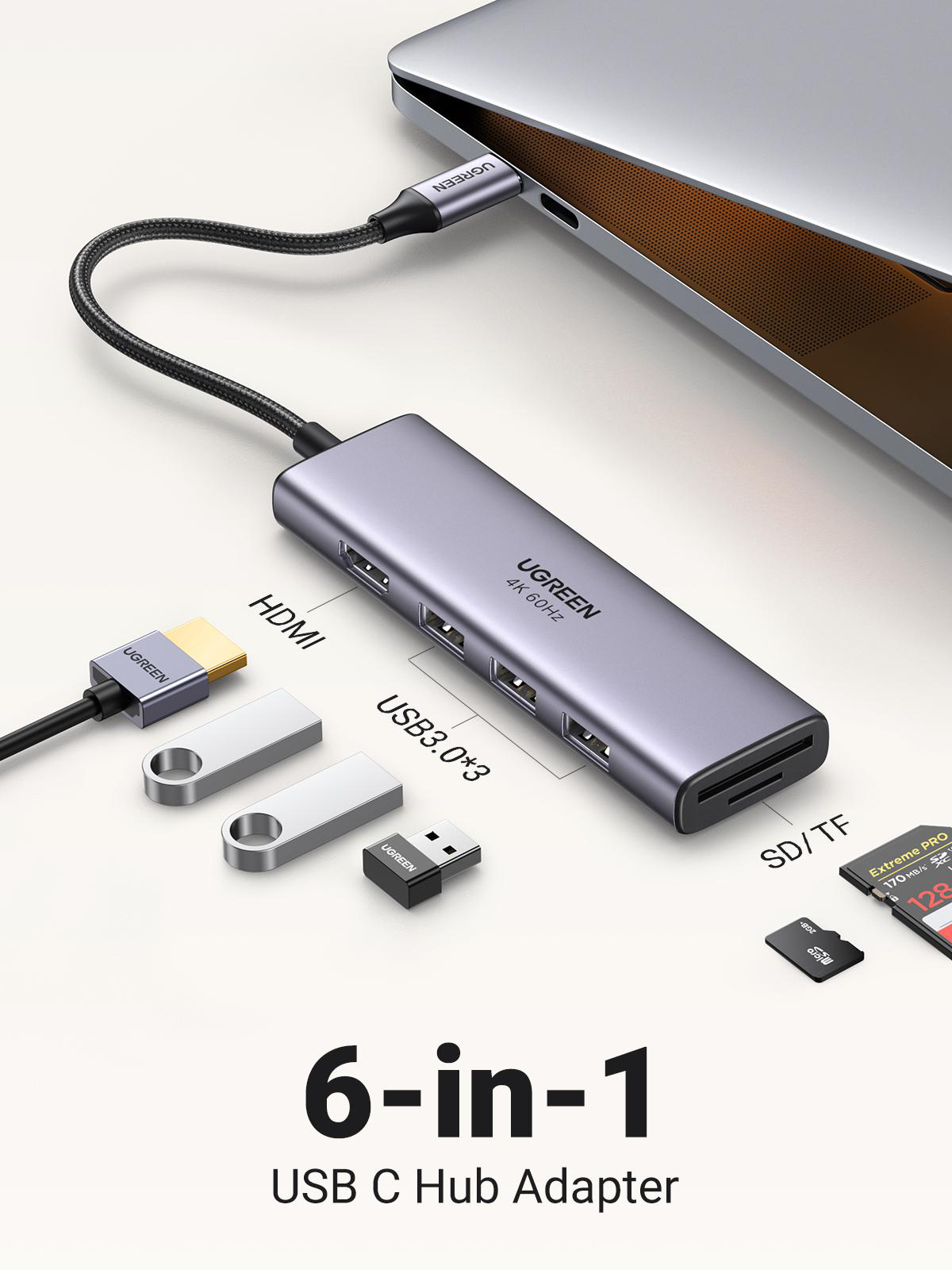 6-in-1 USB-C-Hub-Adapter mit mehreren Anschlüssen und an einen Laptop angeschlossen. Text sagt '6-in-1 USB C Hub Adapter'.