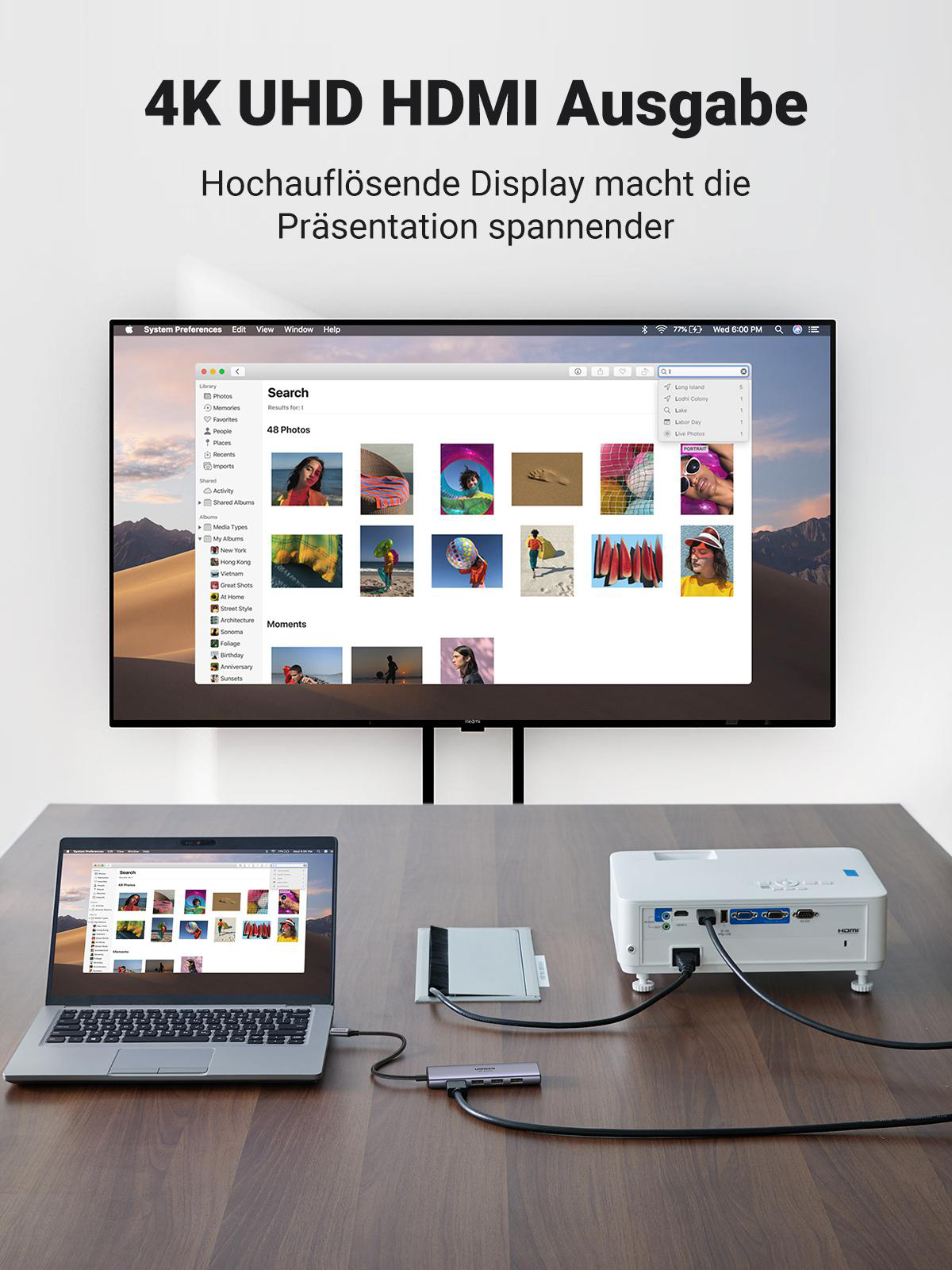 Laptop, Projektor und USB-Hub mit einem Monitor verbunden, der Fotos anzeigt. Text oben sagt '4K UHD HDMI Ausg'.