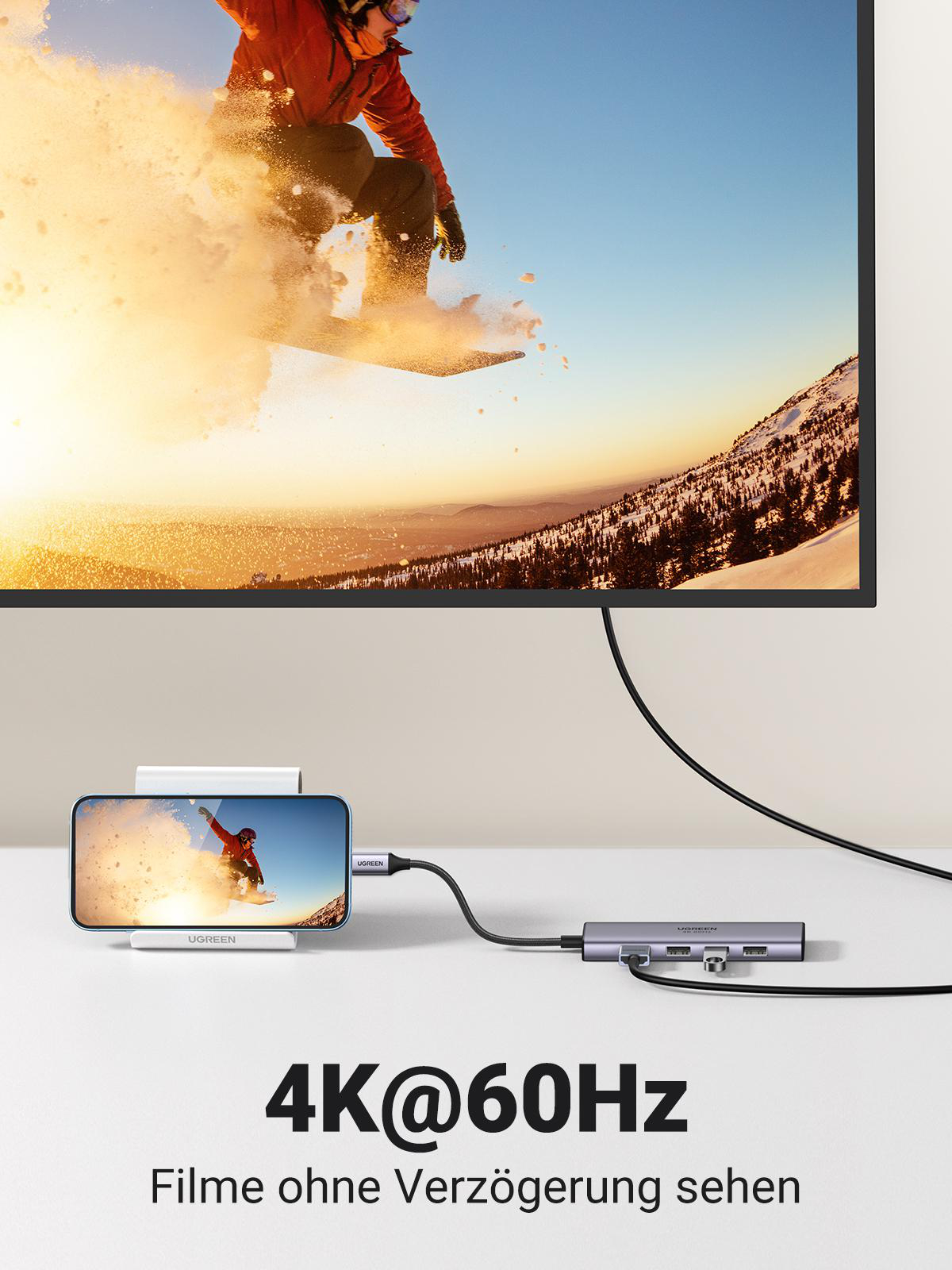 Smartphone mit Hub verbunden, zeigt Snowboarder auf dem Bildschirm. Text sagt '4K@60Hz'.