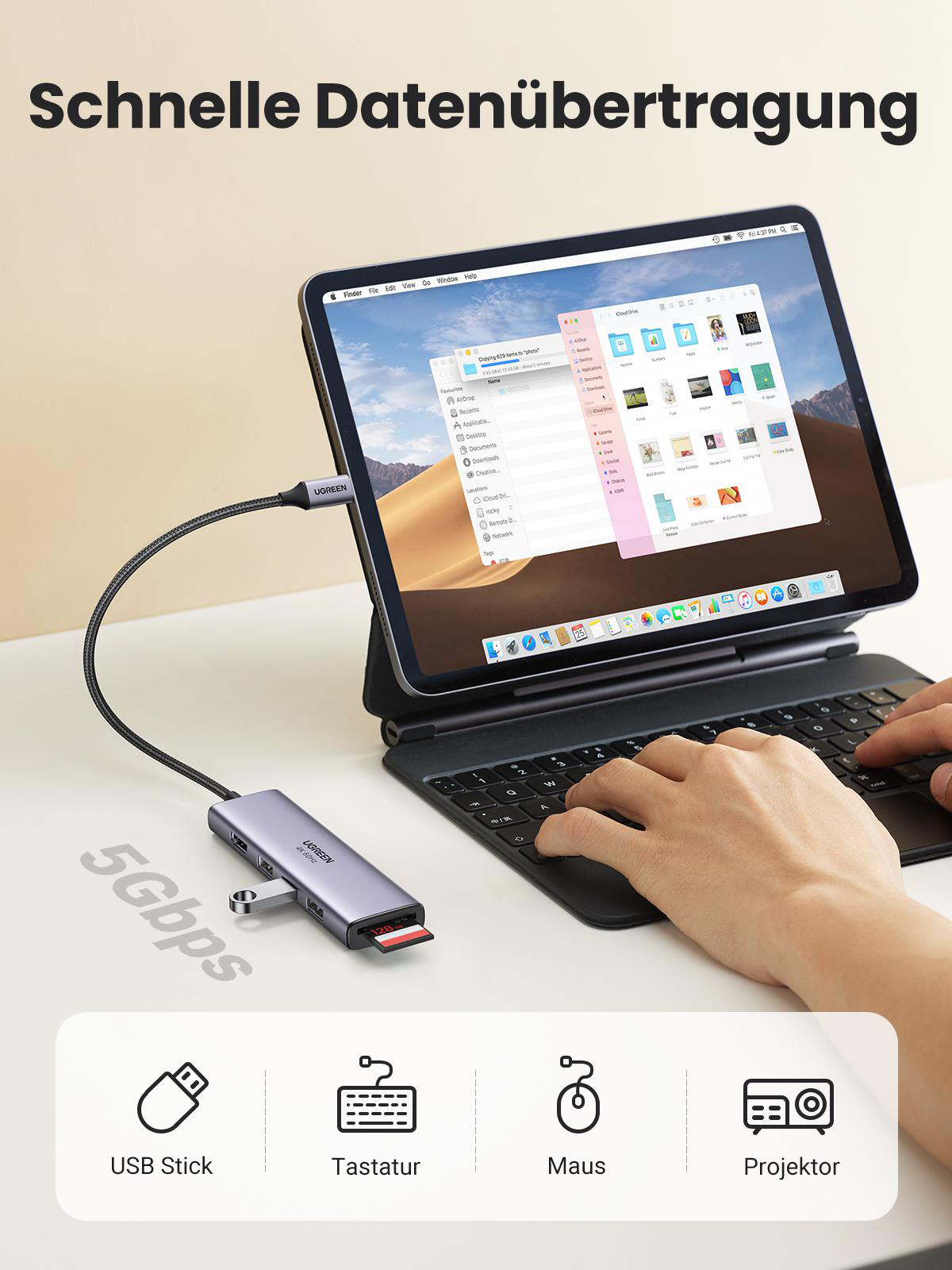 Person benutzt Tablet, verbunden mit Hub. Text sagt 'Schnelle Datenübertragung' und zeigt USB-Stick, Maus und Tastatur.