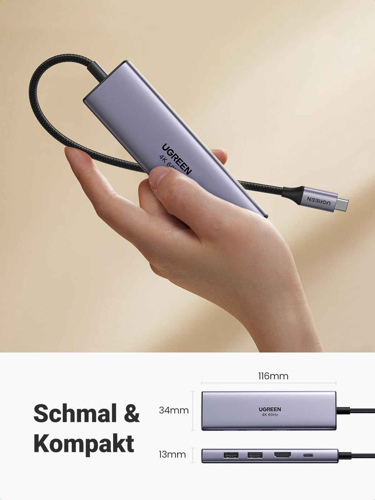 Lila UGREEN USB-C Hub mit Abmessungen. Text: 'Schmal & Kompakt'. Hand hält ihn.