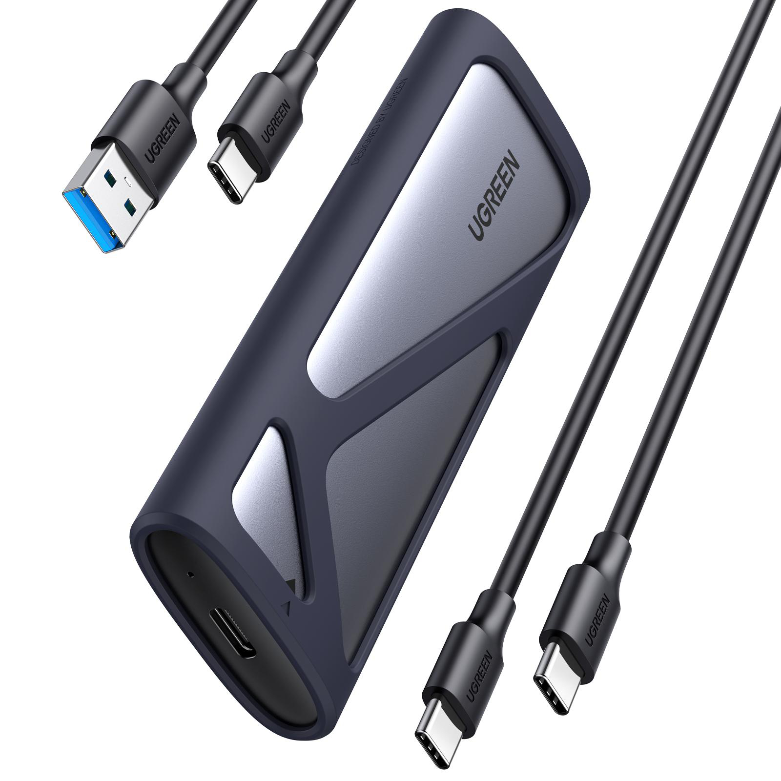 Eine schwarze externe Festplatte von UGREEN mit USB-Kabeln. Kabel haben USB- und USB-C-Anschlüsse.