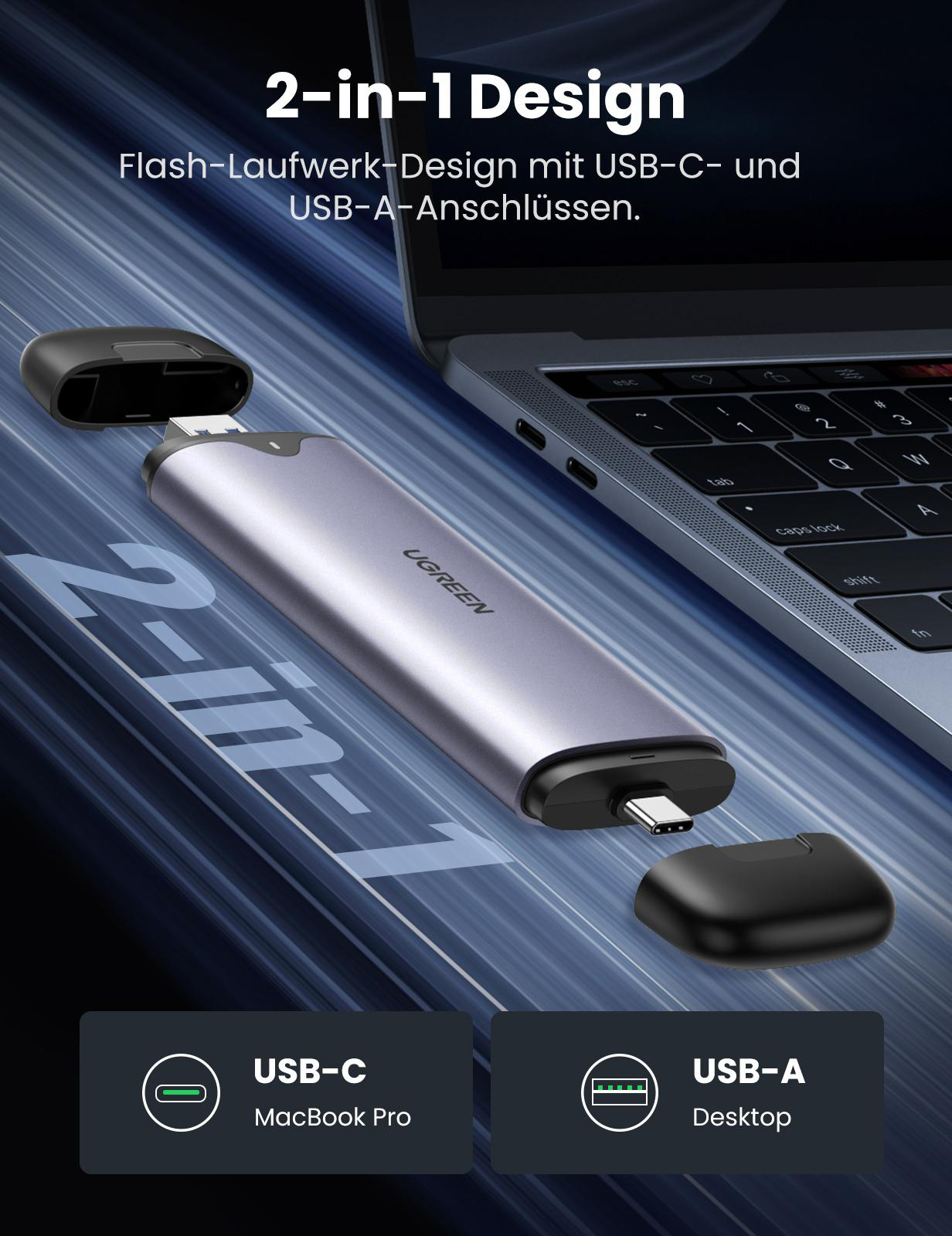 Silberner UGREEN USB-C-Hub mit USB-A- und USB-C-Anschlüssen, offen, Laptop und USB-C-Anschluss zeigend.