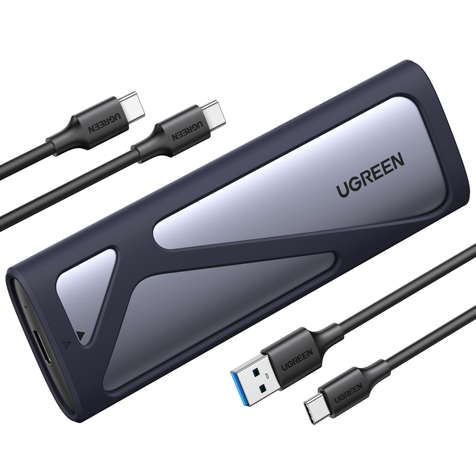 Graue und blaue externe Festplatte mit USB-Kabeln. Text sagt UGREEN.