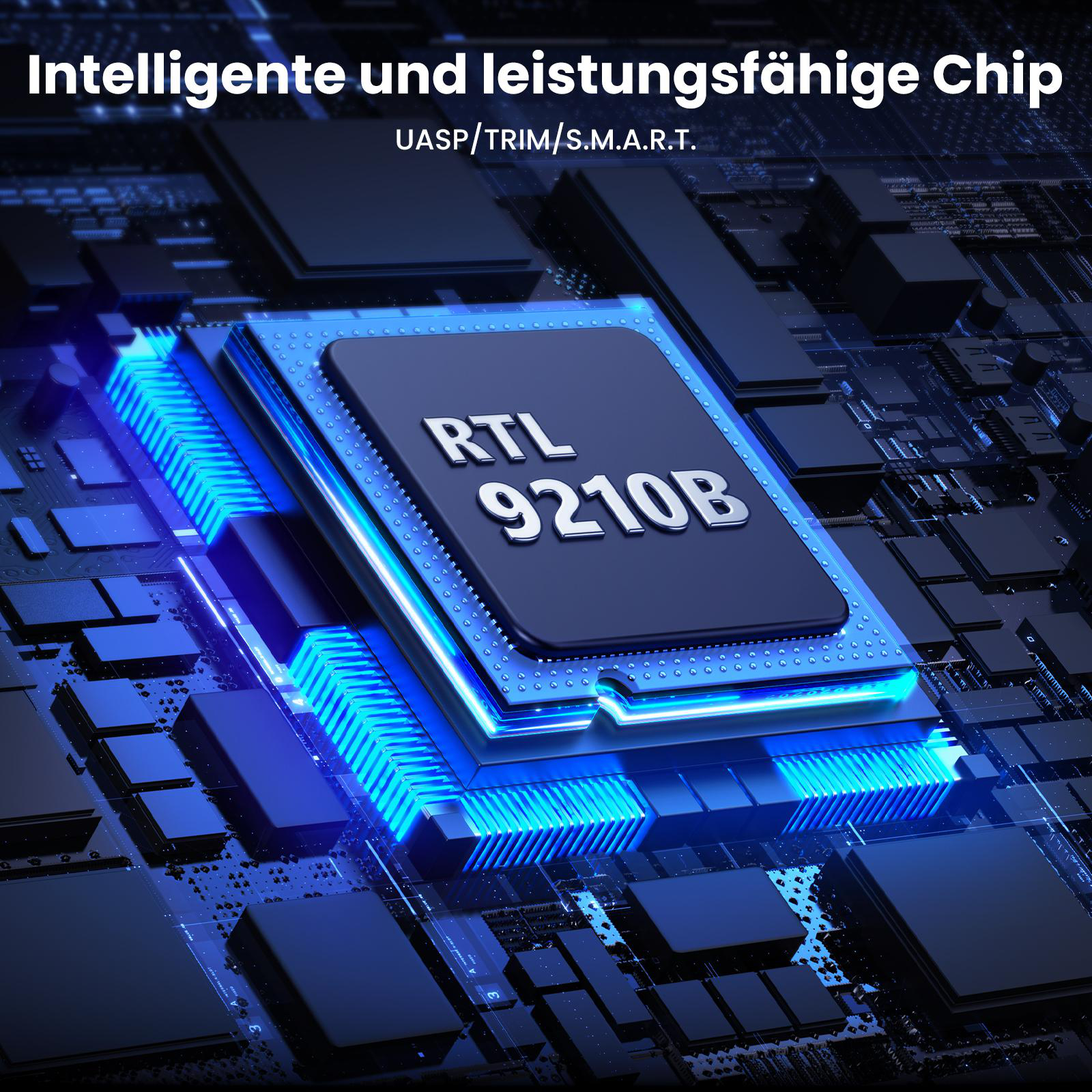 Nahaufnahme eines Computerchips mit dem Text „RTL 9210B“ und blauem Neon.