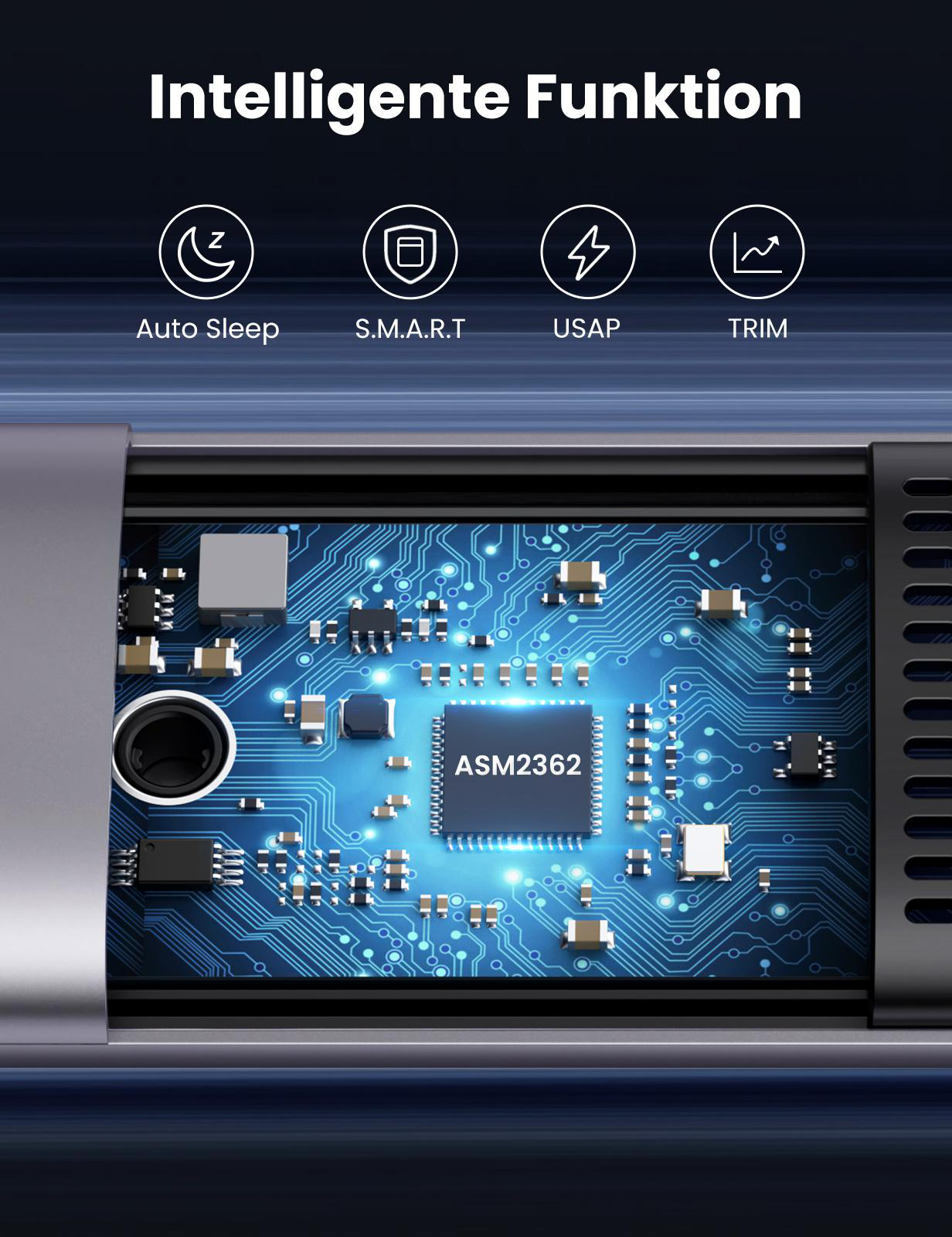 Elektronische Leiterplatte mit großem Chip und mehreren Komponenten, blau beleuchtet.