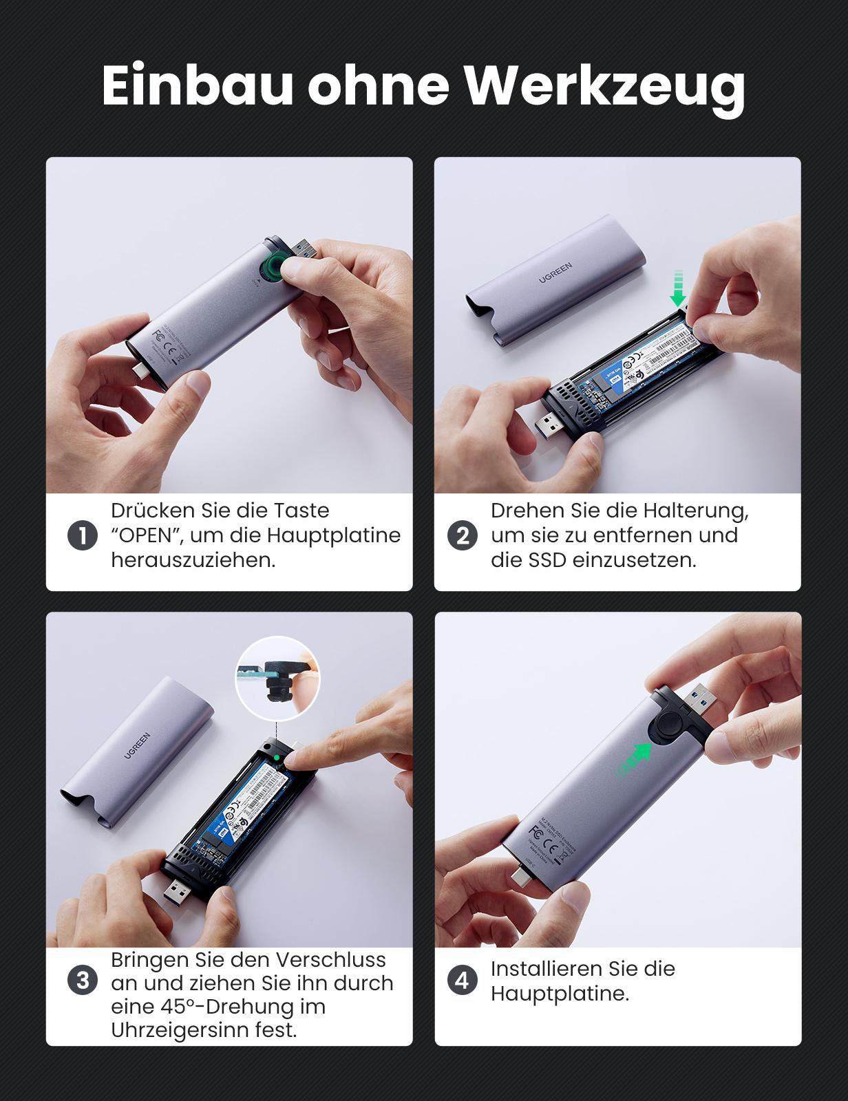 Anweisungen zur Montage eines Geräts, die das Einsetzen einer SSD zeigen, mit dem Text 'Installieren Sie die Hauptplatine'.