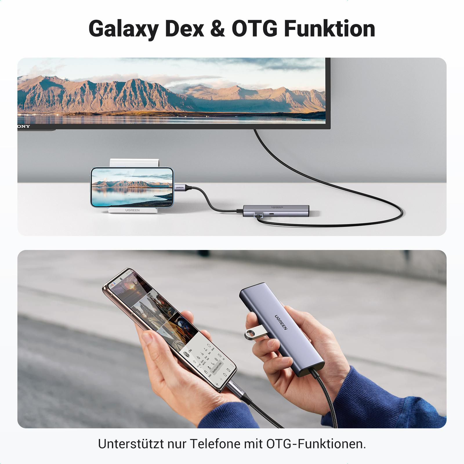 Bild zeigt Telefon, Hub, TV. Text: 'Galaxy Dex & OTG Funktion'.