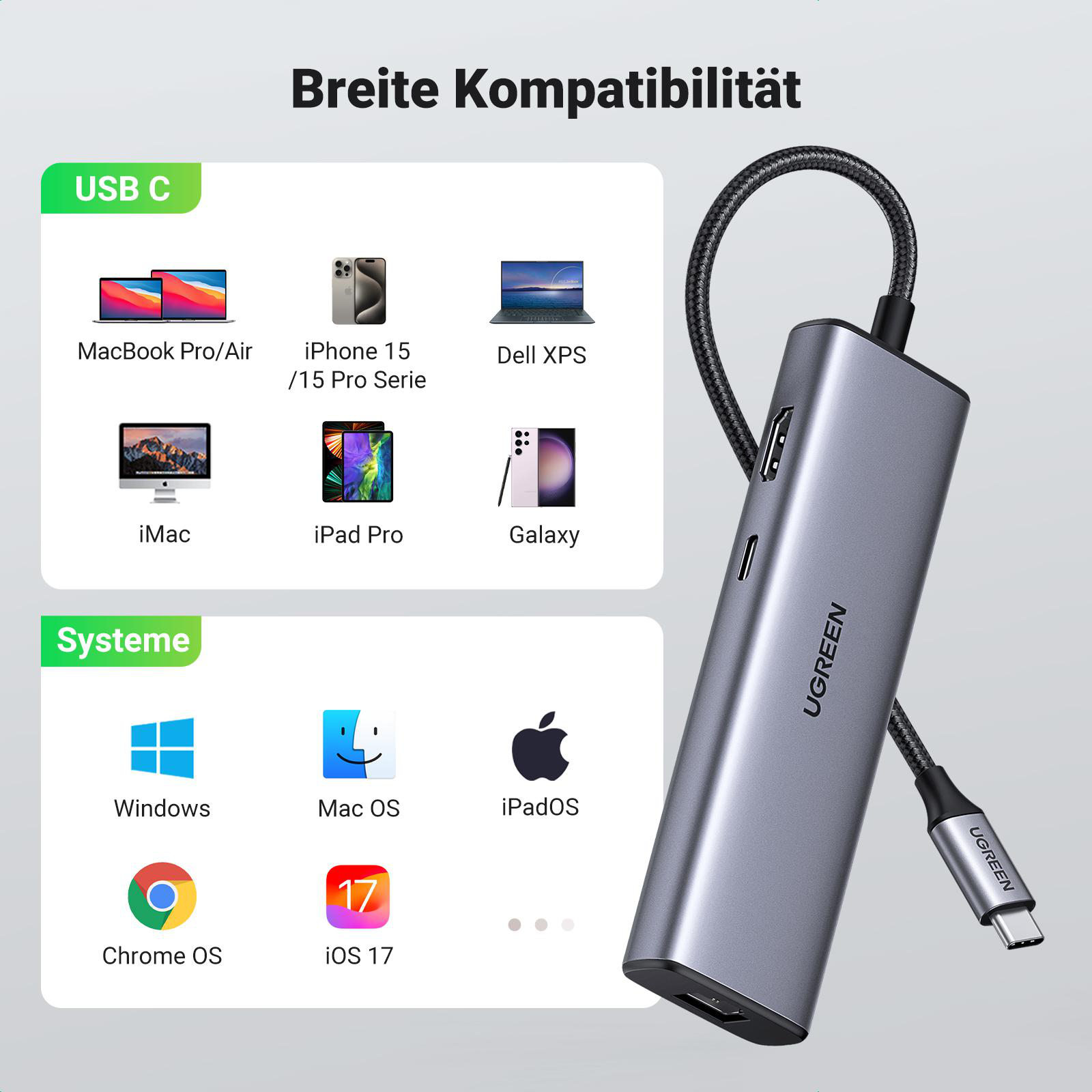 Ein grauer Hub mit USB-C-Kabel und Kompatibilitätssymbolen.