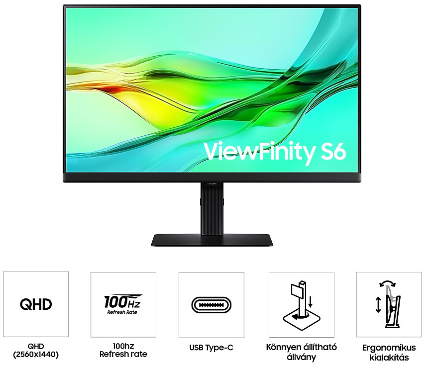 Samsung ViewFinity S6 monitor, QHD, 100 Hz-es frissítési frekvenciával, USB Type-C-vel és állítható állvány funkciókkal.