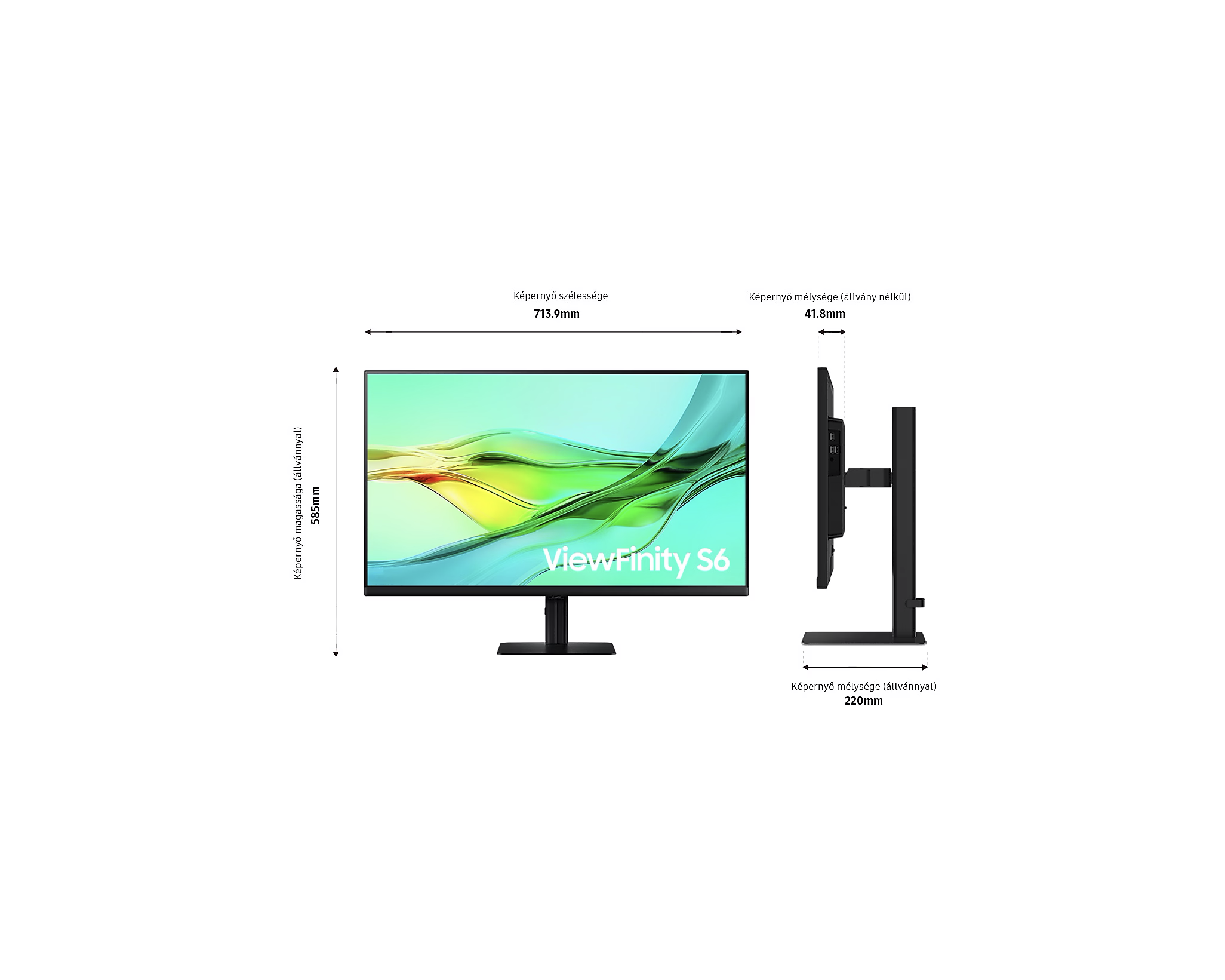 Monitor méretei: szélesség 713,9mm, magasság 585mm, mélység 41,8mm, állvány 220mm, ViewFinity S6.