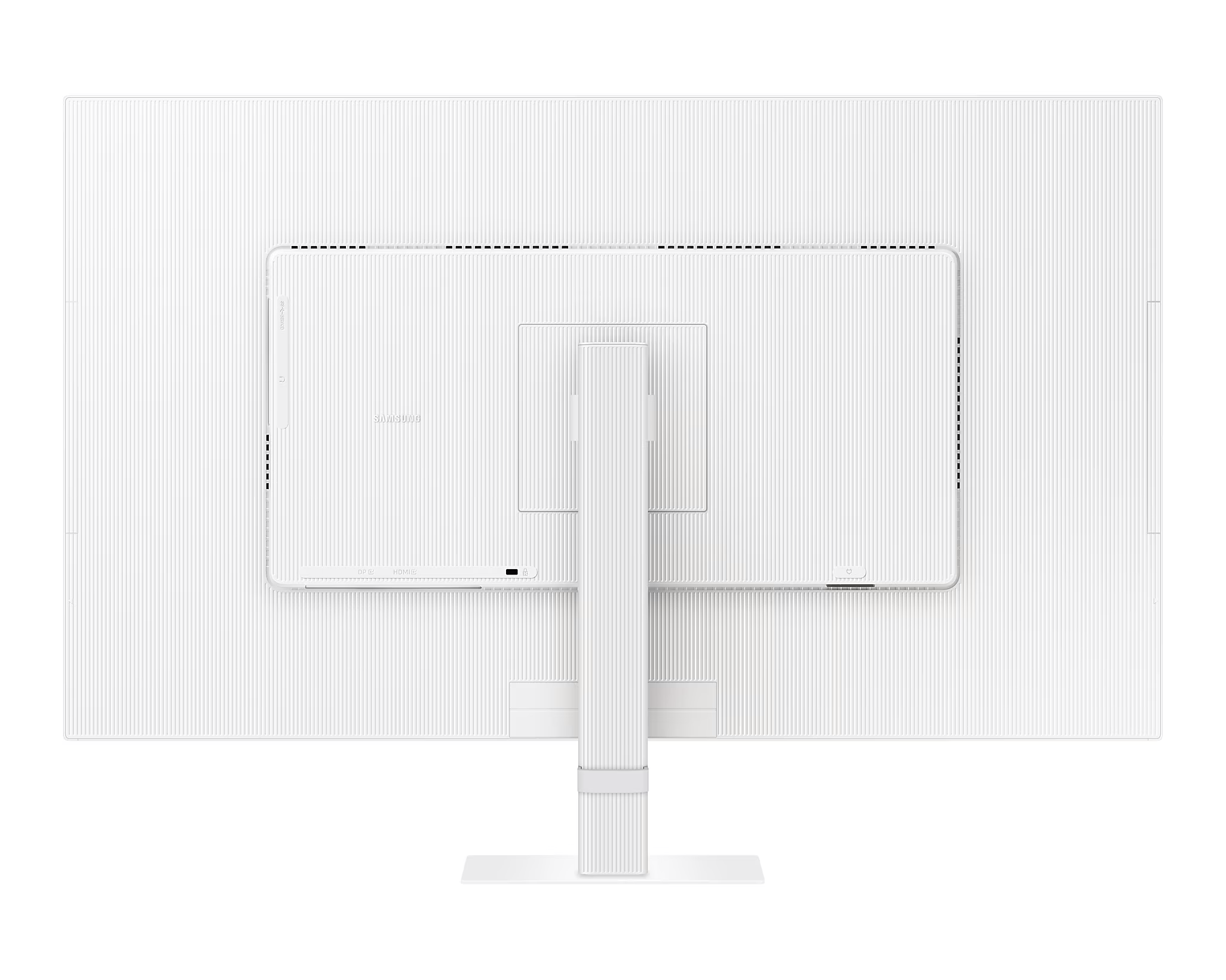 Fehér számítógép monitor hátulról, állvánnyal, fehér háttéren izolálva.
