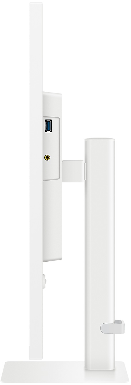Egy fehér számítógép monitor oldalsó nézete, USB porttal és audio csatlakozóval.