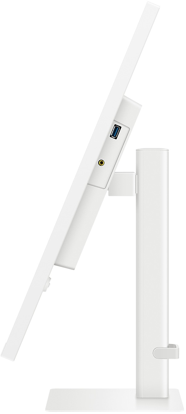 Fehér monitor oldala. USB és audio portok. A talp fehér, téglalap alakú.