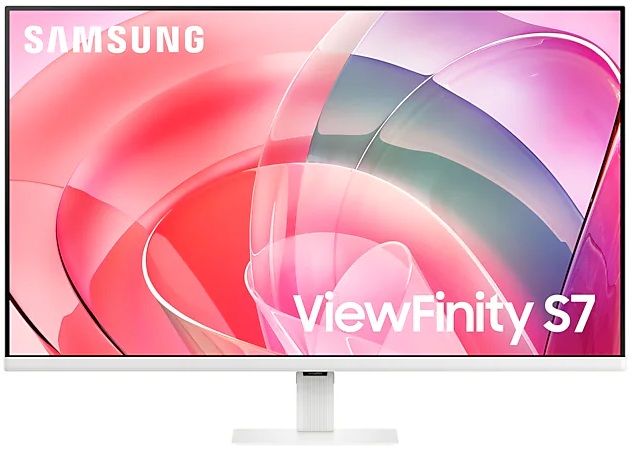 Fehér Samsung ViewFinity S7 monitor rózsaszín, piros és fehér háttérrel.