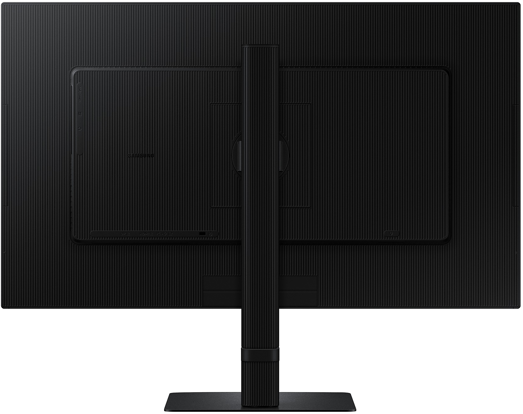 Fekete monitor hátulnézete. Bordázott felület, középre helyezett állvány. Samsung logó középen. Portok balra.