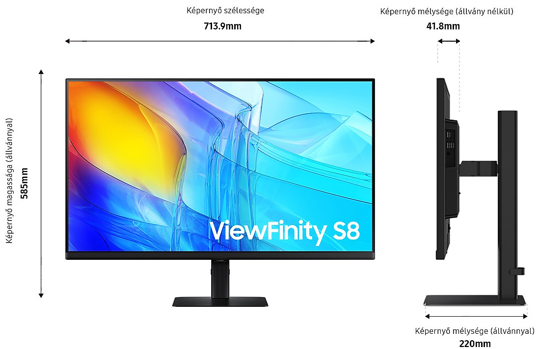 ViewFinity S8 monitor méretekkel. Fekete állvány, fekete keret. Oldalnézet, a vastagságot mutatva.