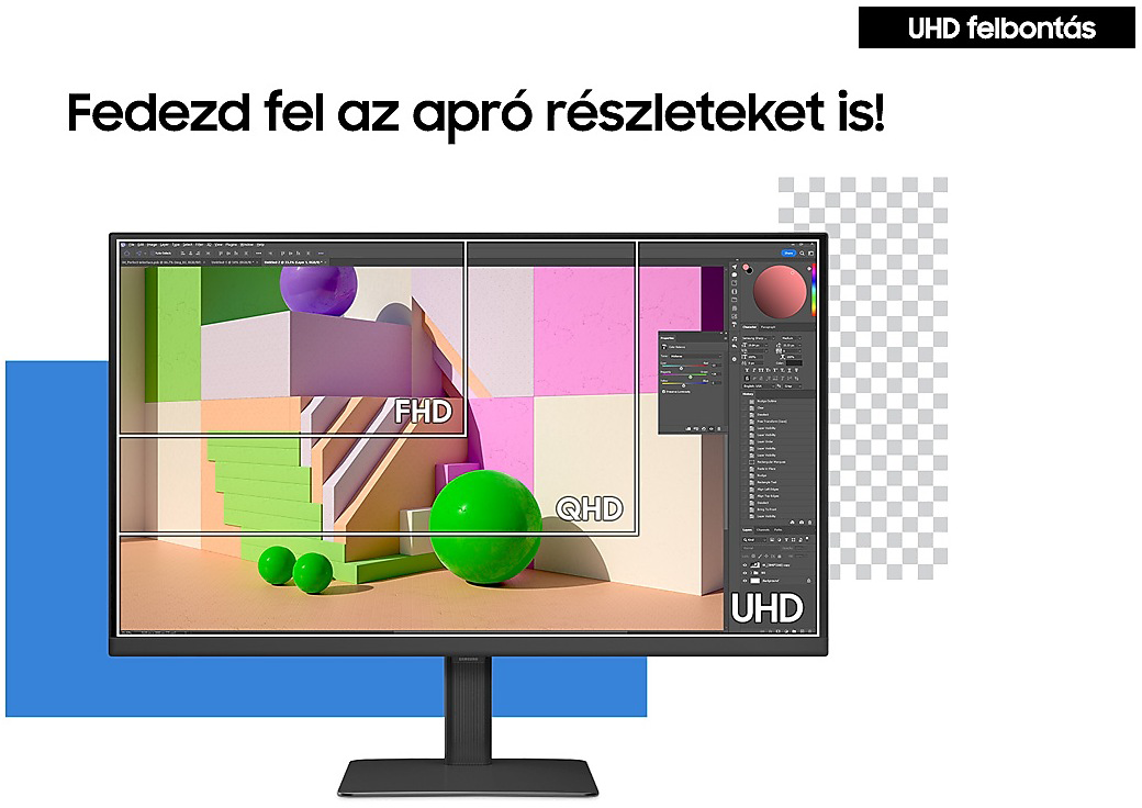 Számítógép monitor különböző felbontásokat mutat fehér és kék háttéren.
