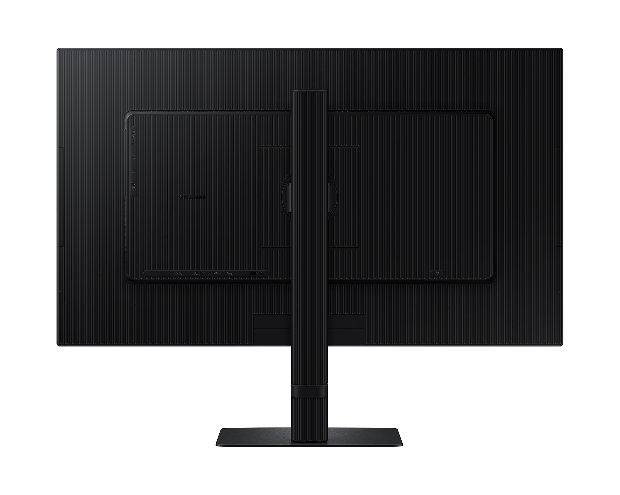 Fekete számítógép monitor hátulról, állvánnyal.