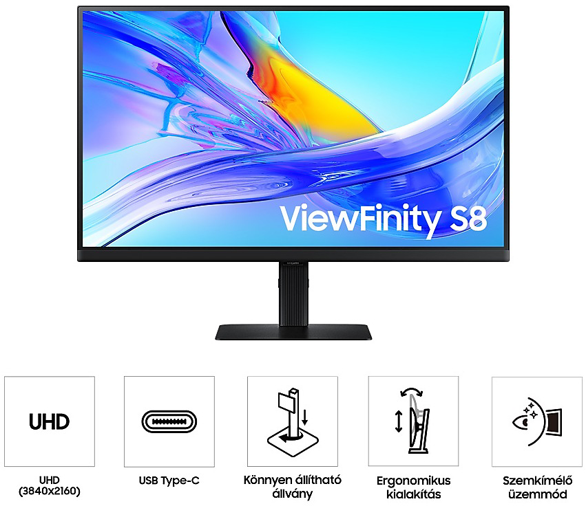 ViewFinity S8 monitor funkciókkal: UHD, USB Type-C, állítható állvány, ergonomikus kialakítás és szemvédelem.