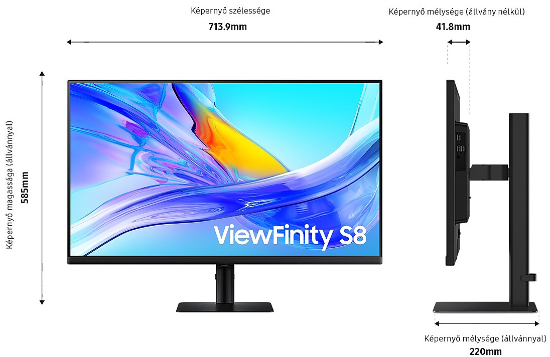 ViewFinity S8 monitor méretekkel. Fekete talp, fekete keret. Oldalnézet, a vastagságot mutatva.