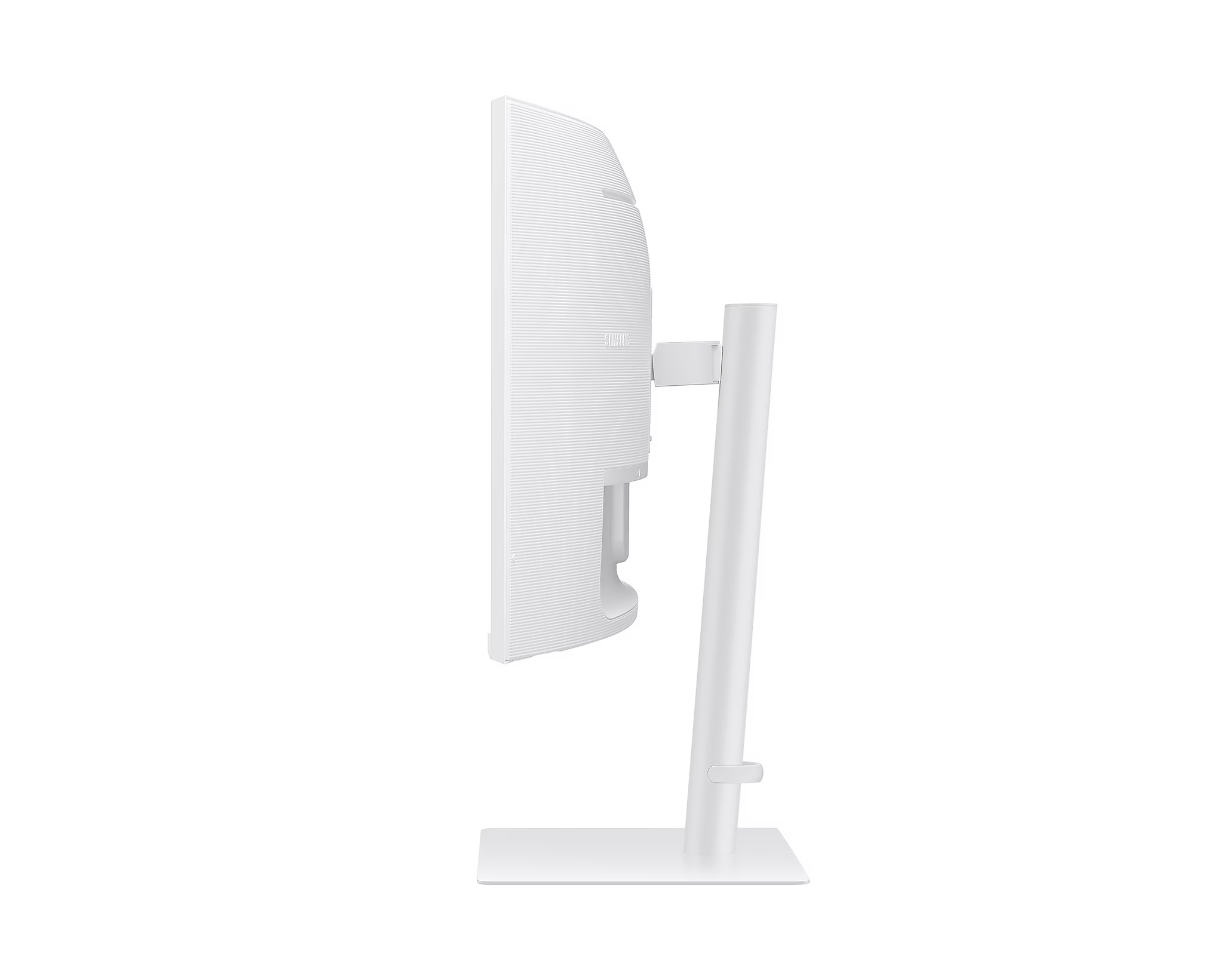 Fehér monitor oldala. Az állvány és a keret fehér. Elegáns design. Samsung logó a hátulján.