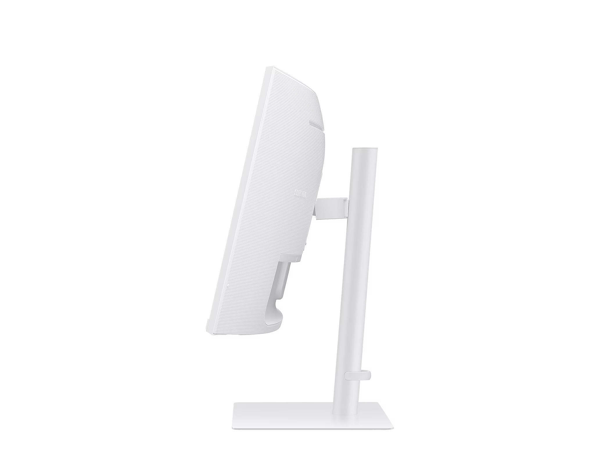 Fehér monitor oldala. Az állvány és a keret fehér. Elegáns dizájn. Samsung logó a hátulján.