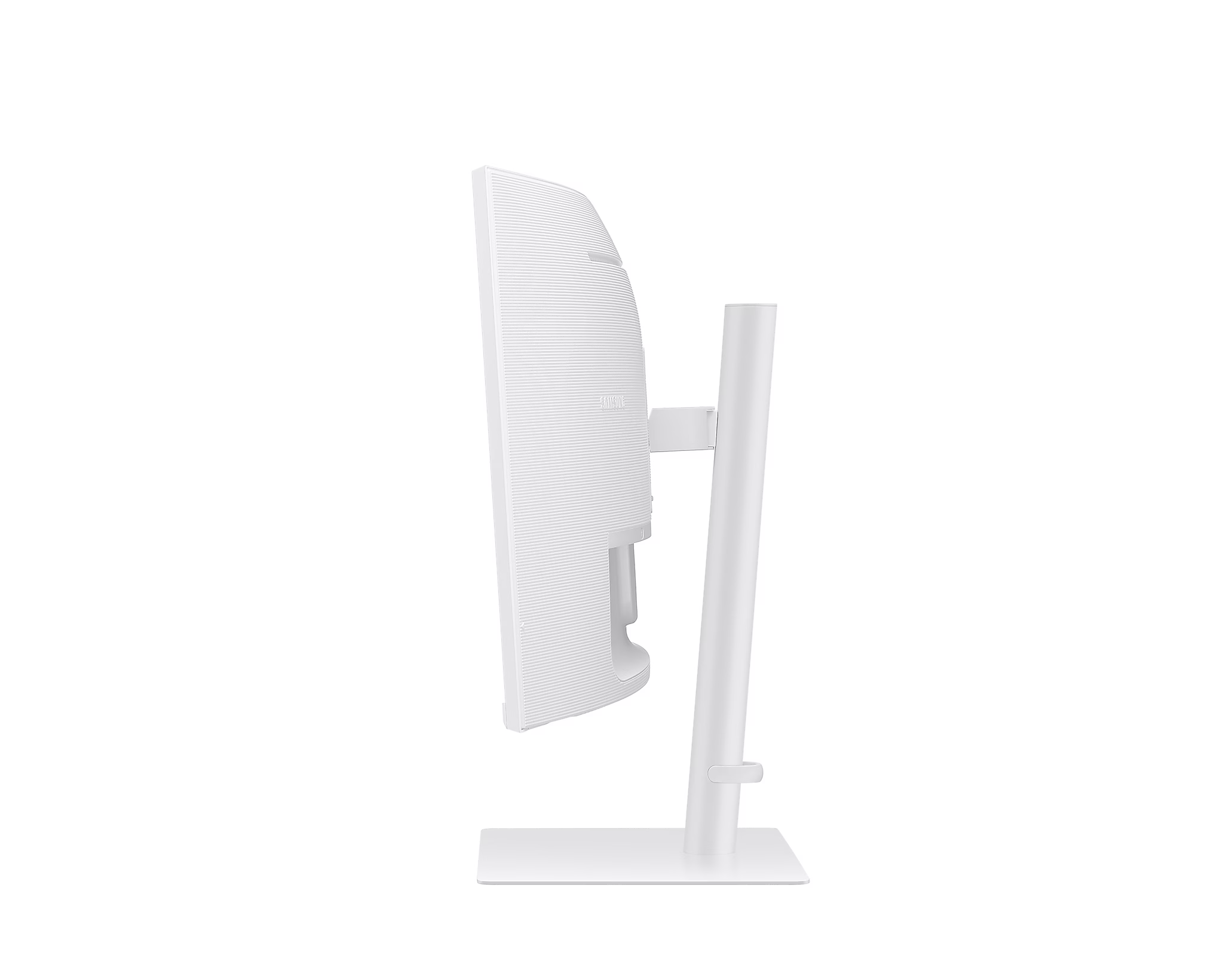 Fehér monitor oldalsó nézete, fehér állvány. Tiszta, minimalista design, fehér háttér.