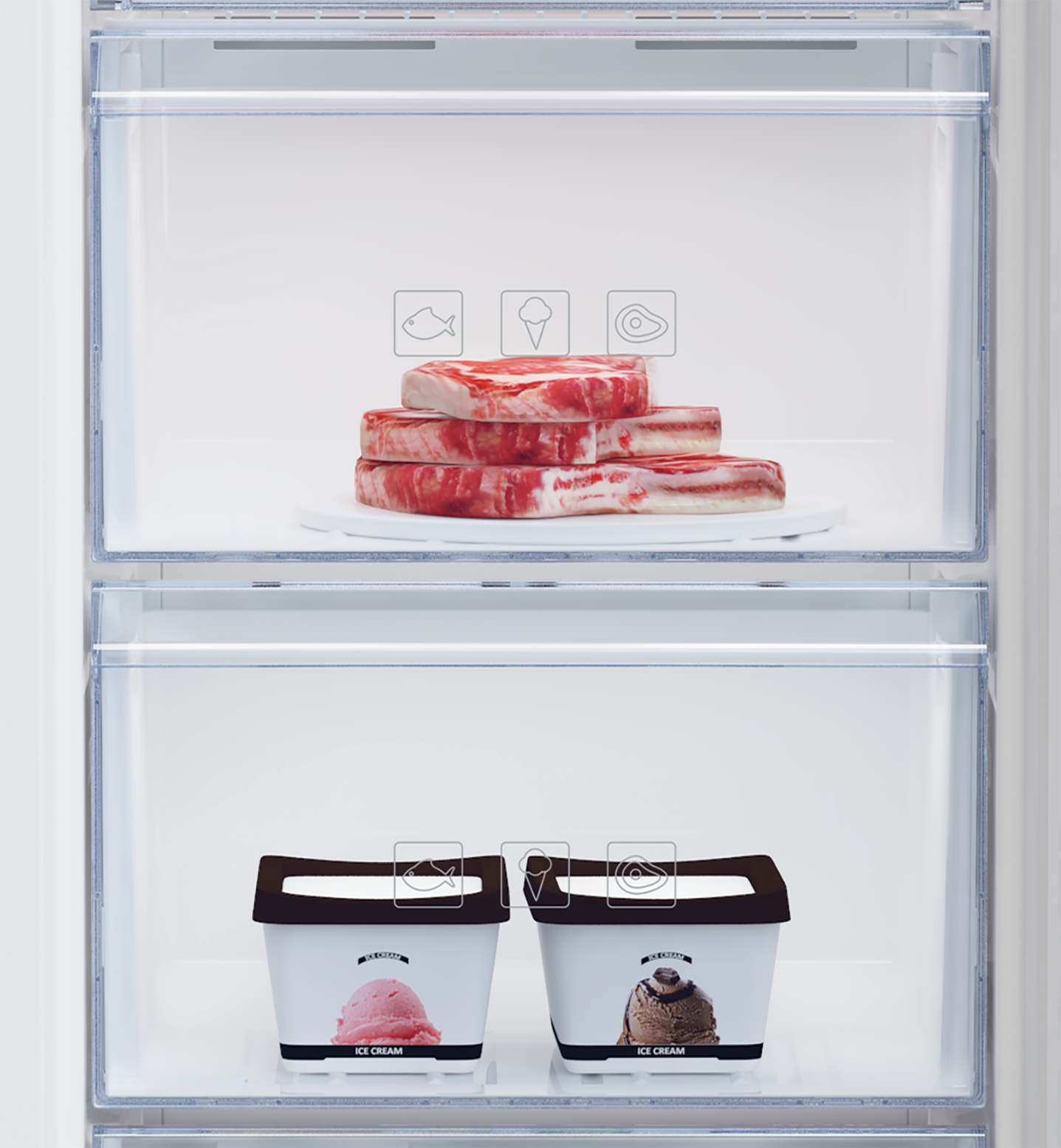 Gefrierschrank mit Tiefkühlkost oben und Eiscreme unten, Icons auf der Tür.