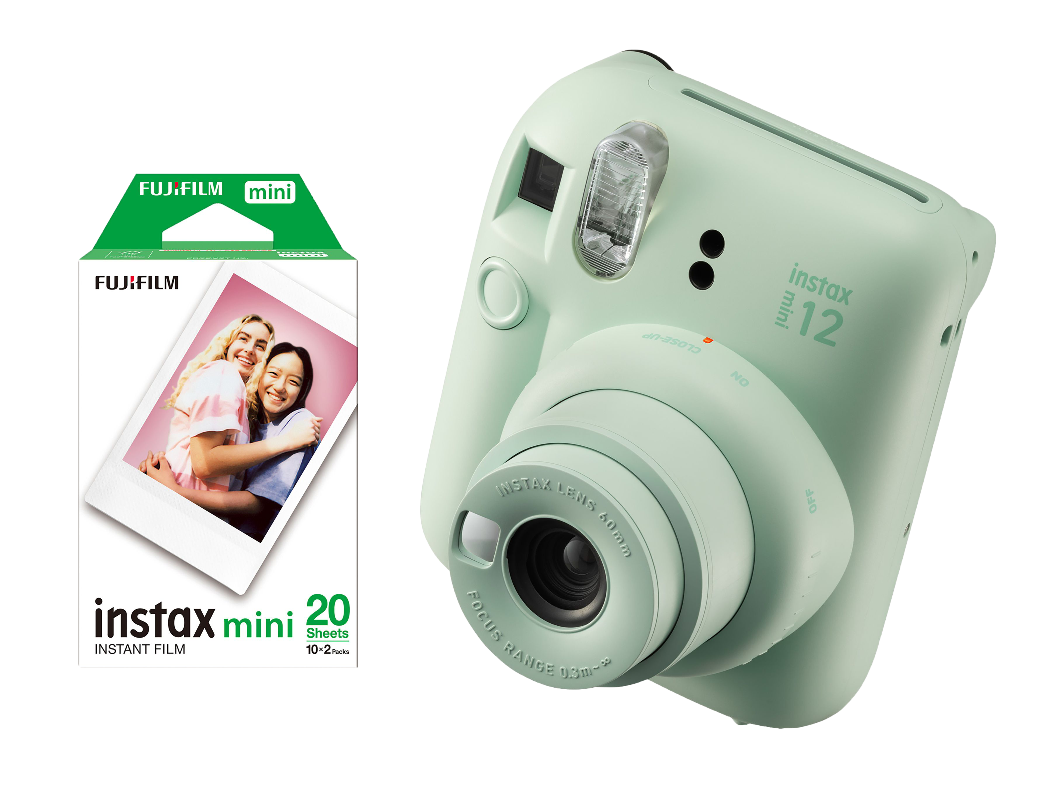 Appareil photo Instax Mini 12 vert menthe avec un paquet de films montrant une photo de personnes et du texte.