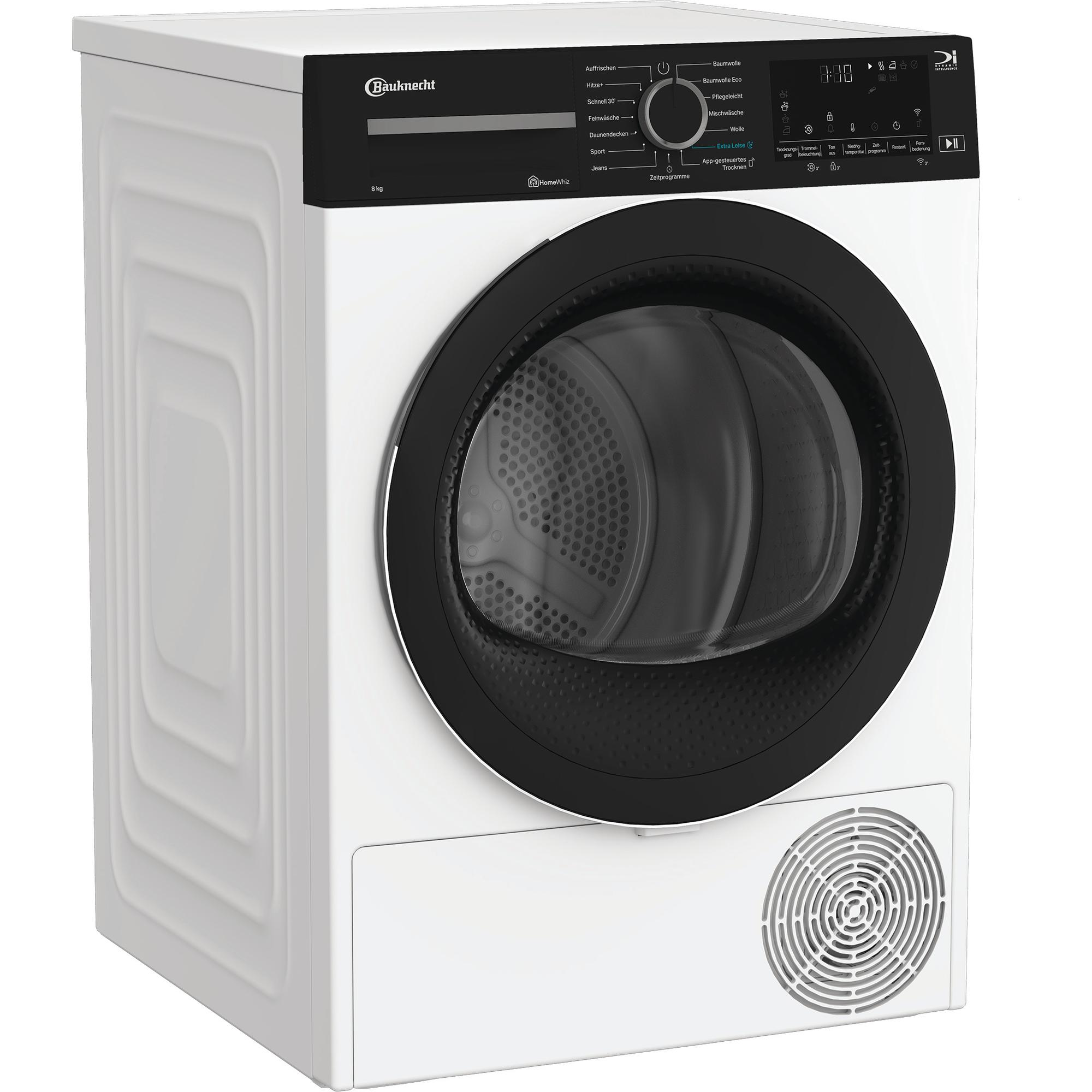Weiß-schwarze Waschmaschine. Die Maschine hat ein schwarzes Bedienfeld und eine runde Tür.