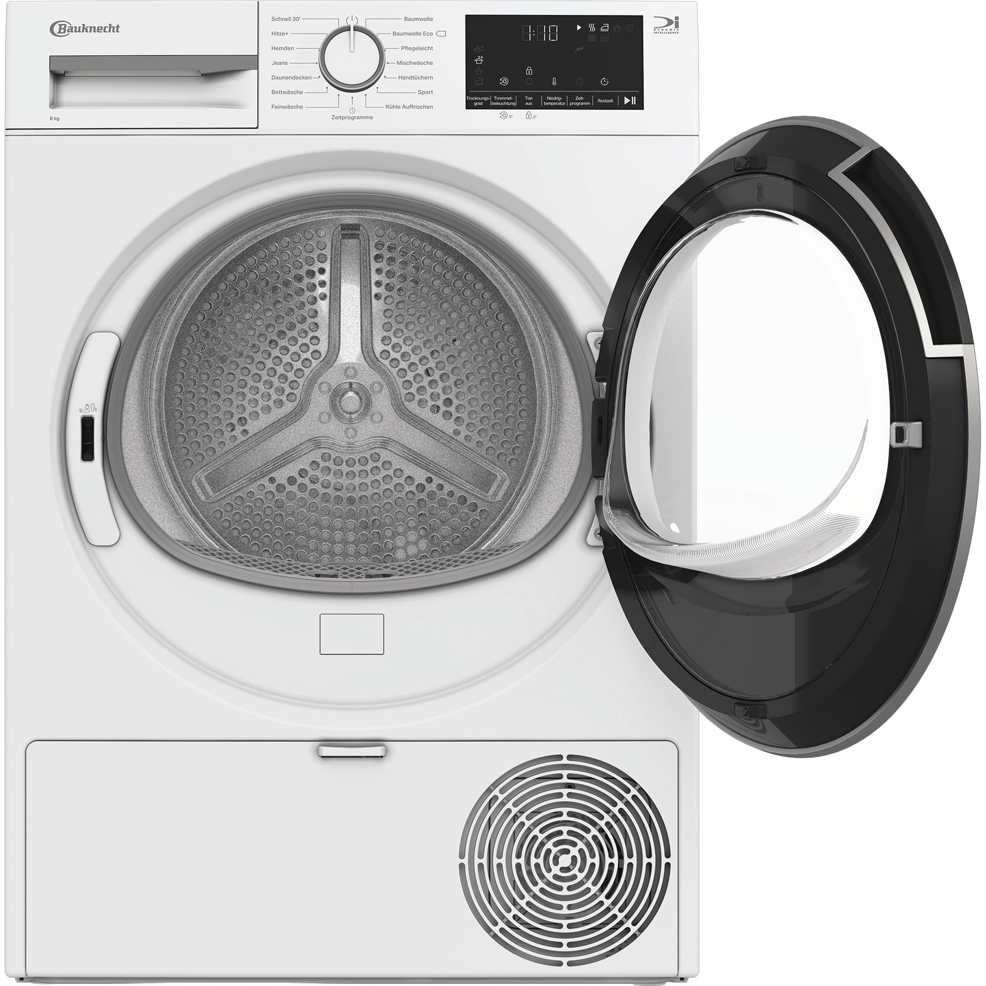 Ein weißer Bauknecht Trockner mit geöffneter Tür, detaillierter Bedienblende und Trommel.