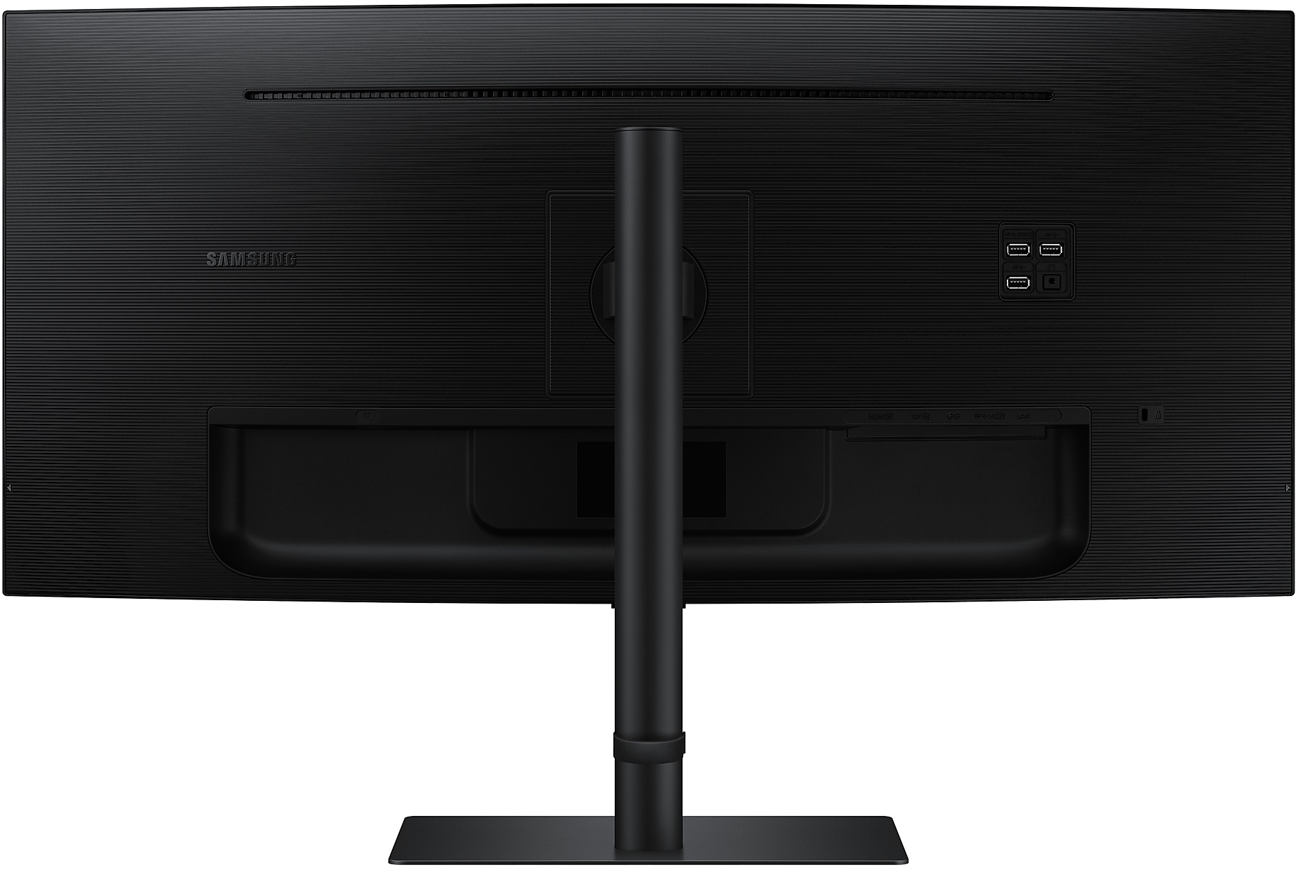 Egy Samsung monitor hátulja. Több portja van, köztük USB, és egy állványcsatlakozó pont.