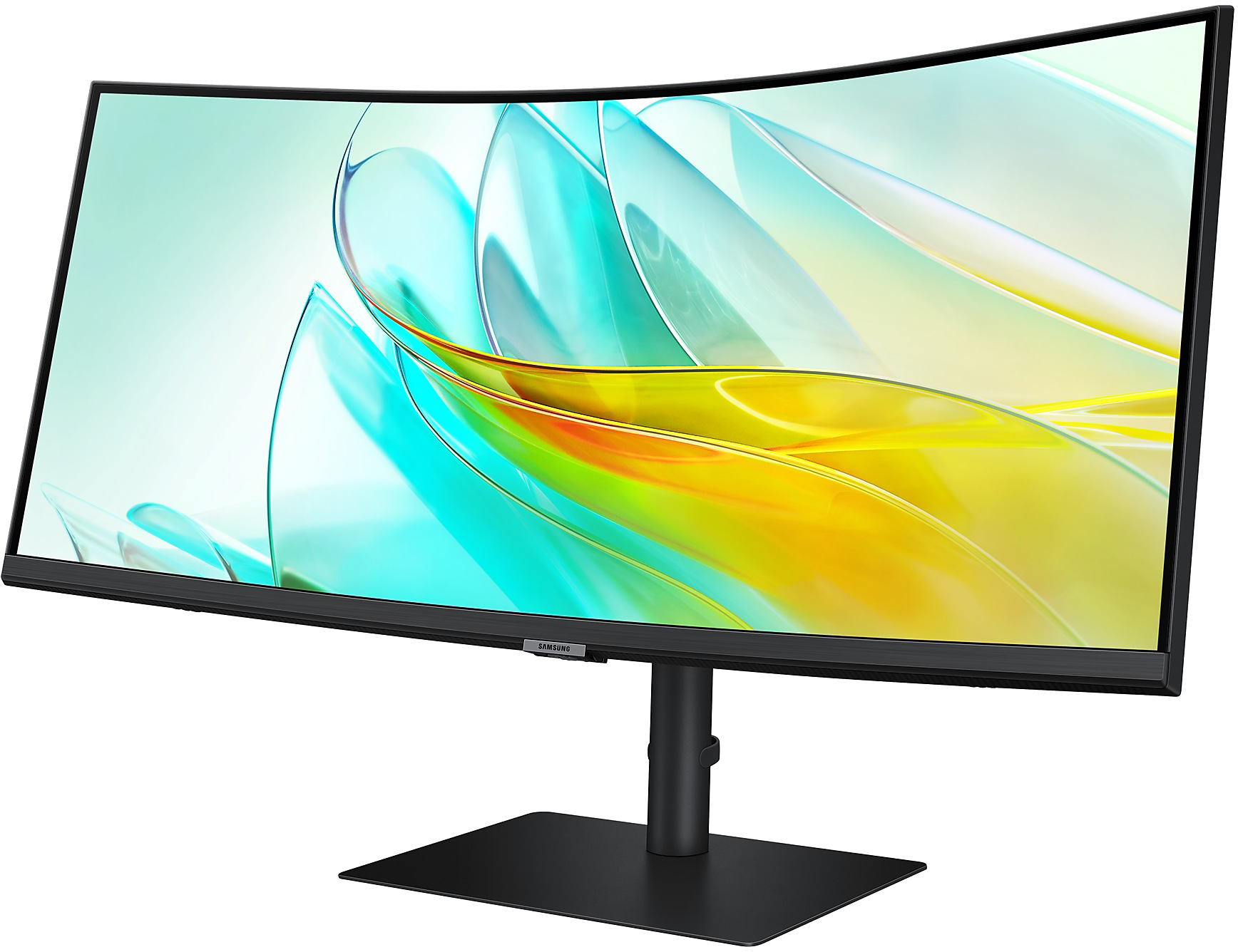 Egy ívelt számítógép monitor fekete állvánnyal fehér háttéren.