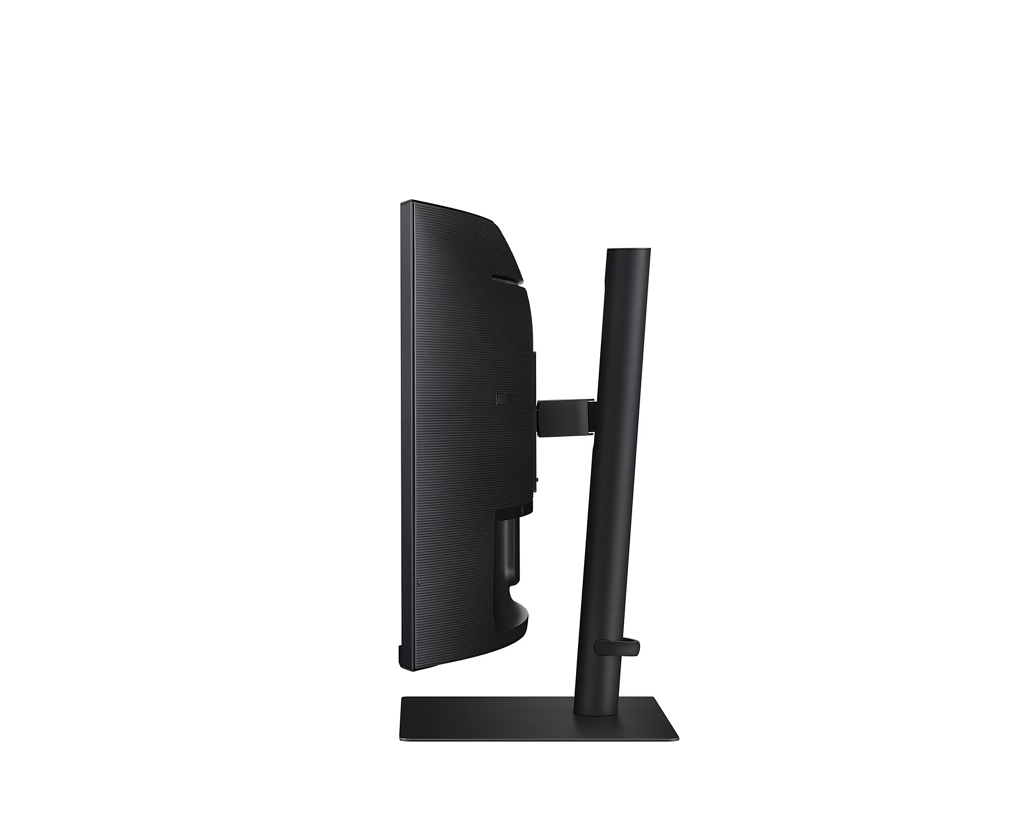 Fekete monitor oldalsó nézete, fekete állvány. Tiszta, minimalista design, fehér háttér.