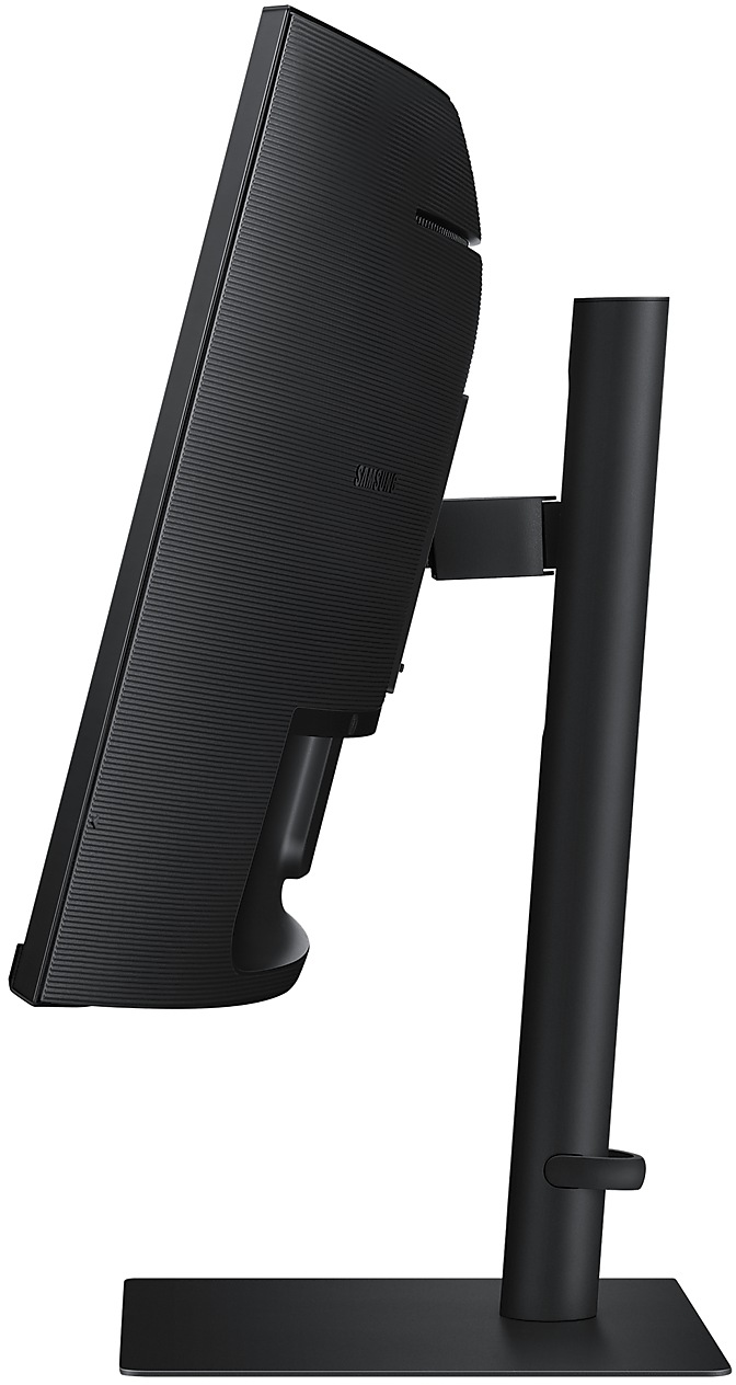 Fekete monitor oldalsó nézete, fekete állvány. Tiszta, minimalista design, fehér háttér.