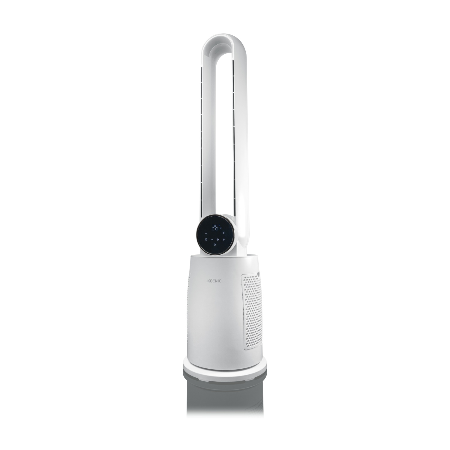 Un ventilatore a torre Koenic bianco con display digitale e base bianca.